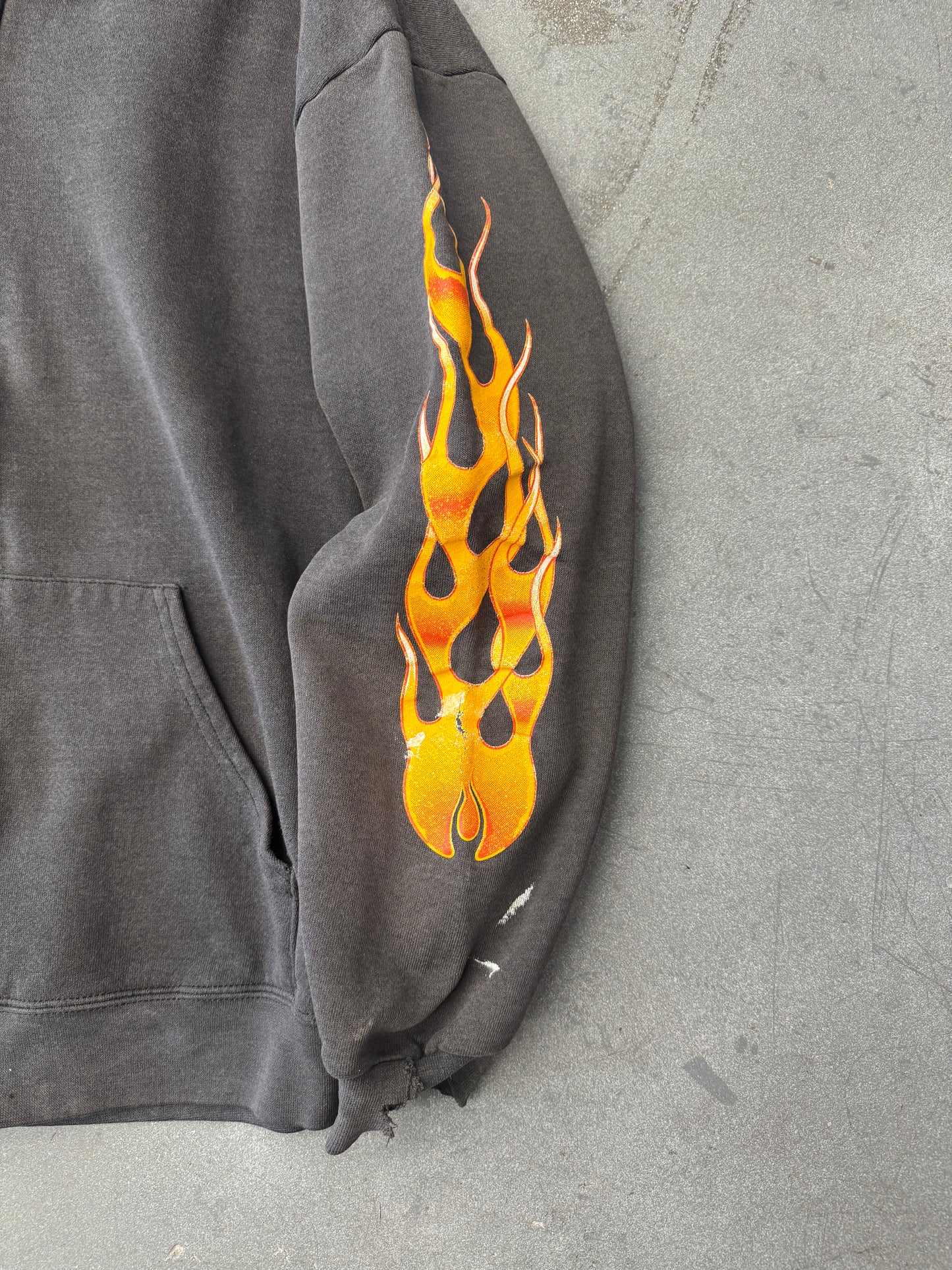 90S BIKER RAGS KNOXVILLE, TN. FLAME-SLEEVES ZIP-UP HOODIE (CUT TAGS) (BROKEN ZIPPER)