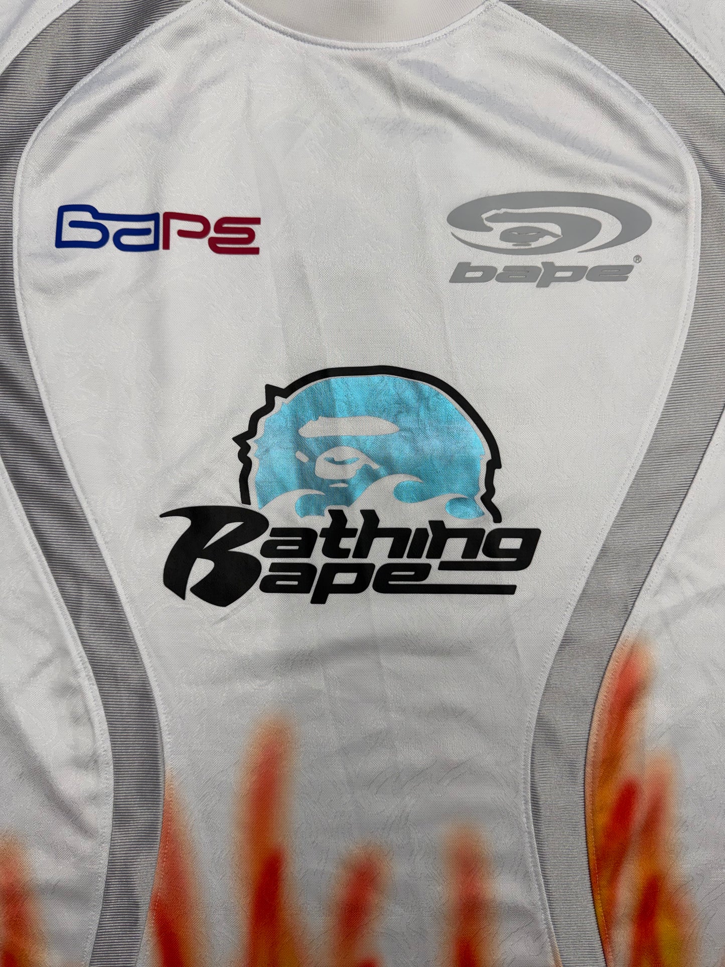 SS25 BAPE FLAME PATTERN MULTILOGO RELAXED FIT FOOTBALL JERSEY - WHITE