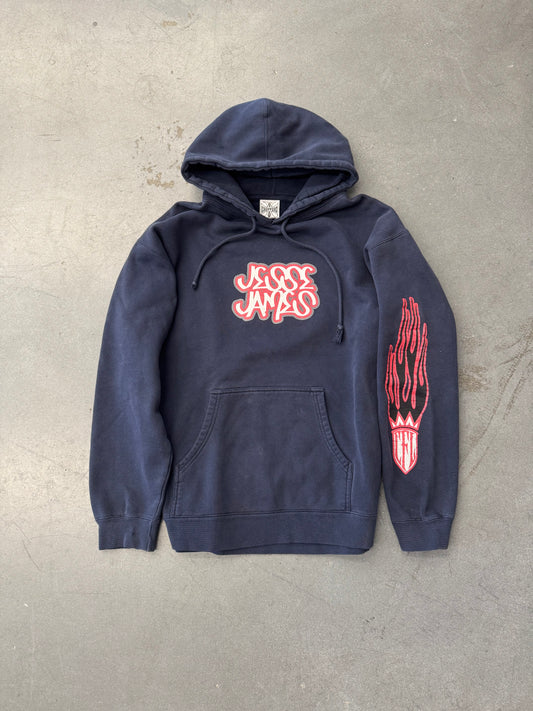 90S WEST COAST CHOPPERS JESSE JAMES GRAFFITI LOGO FLAMING IRON CROSS PULLOVER HOODIE (IRON CROSS TAG)
