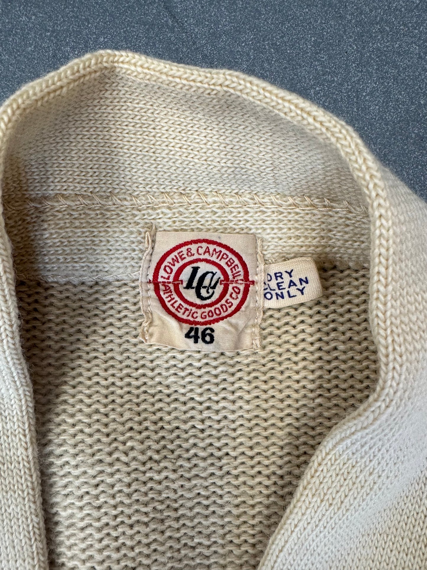 1940'S COLLEGE FOOTBALL 'W' PATCH CARDIGAN SWEATER (LOWE & CAMPBELL ATHLETIC GOODS CO TAG)