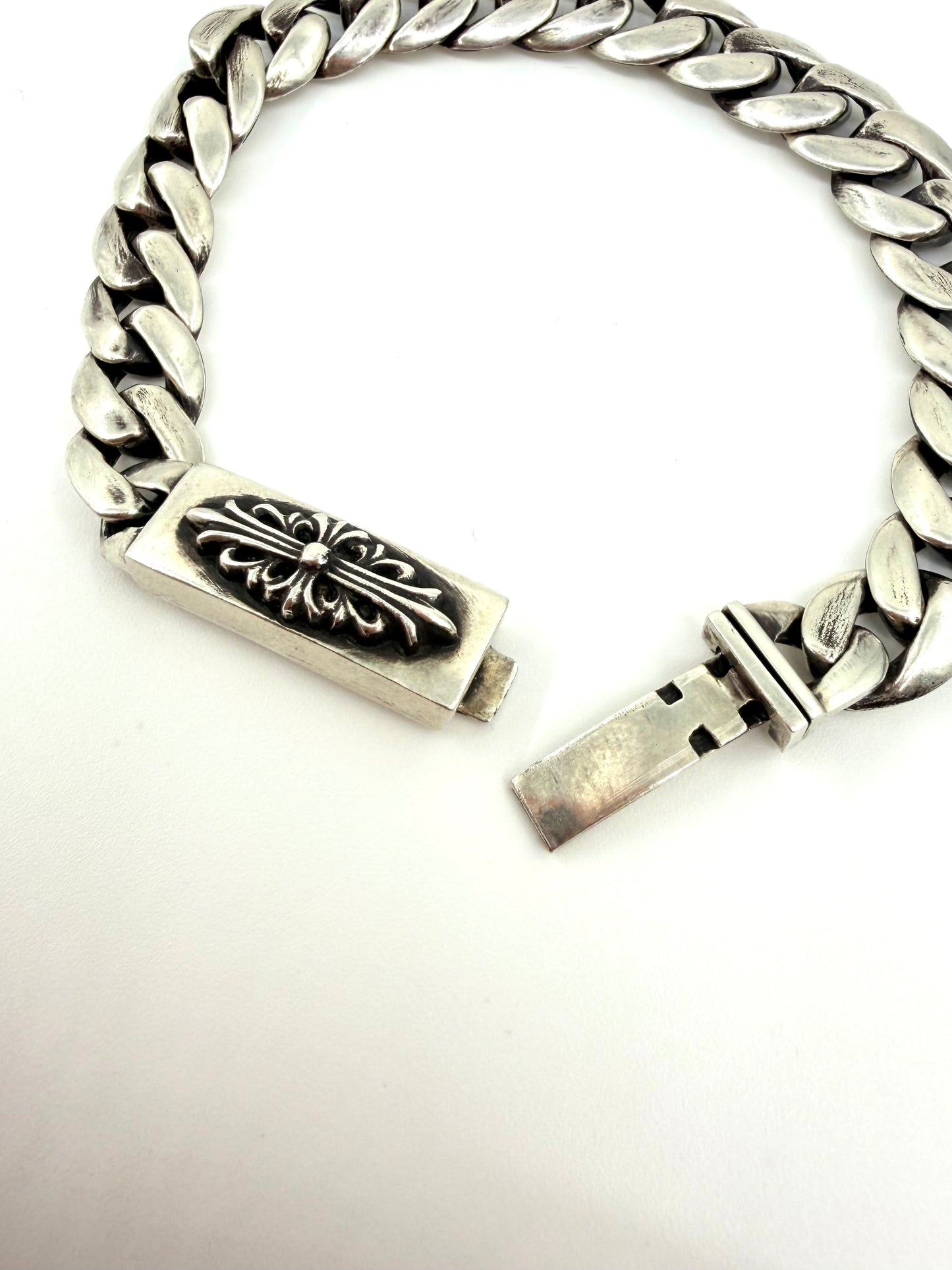 CHROME HEARTS BABY ID FLORAL CROSS CUBAN SILVER BRACELET