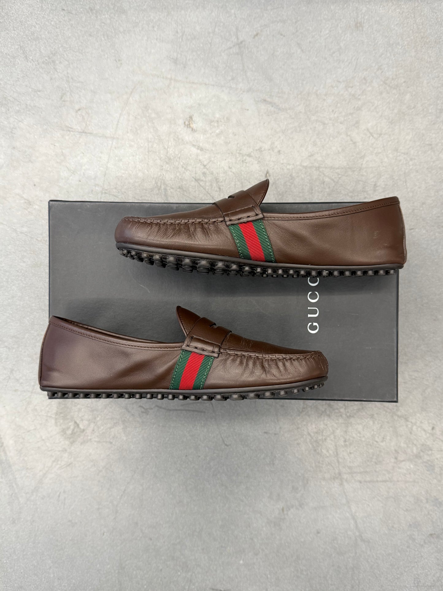 GUCCI WEB LEATHER DRIVER LOAFERS - BROWN (PRE-OWNED WITH BOX)