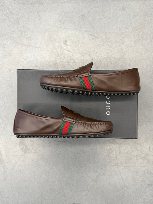GUCCI WEB LEATHER DRIVER LOAFERS - BROWN (PRE-OWNED WITH BOX)
