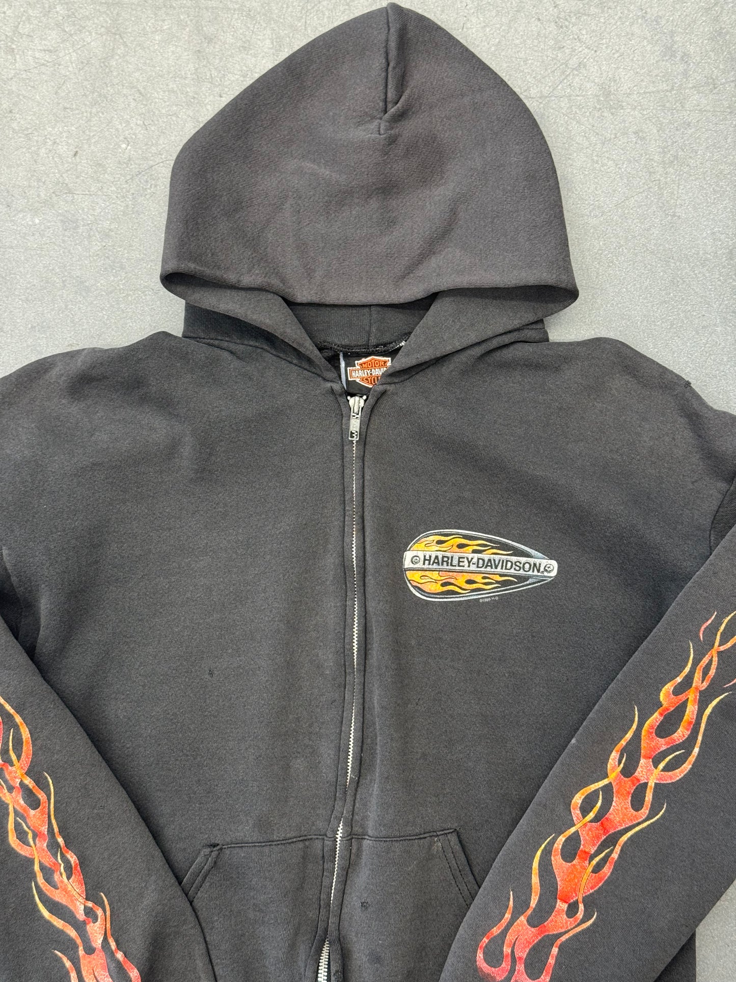 1999 HARLEY-DAVIDSON FLAME SLEEVE ZIP-UP FREDERICK, MD HOODIE (LEE TAG)