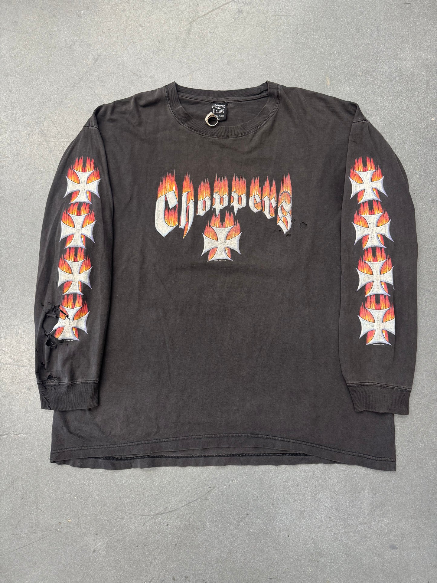 2003 CHOPPERS IRON CROSS FLAME LONGSLEEVE BOSTON, MA DISTRESSED TEE (LIGHTNING CLOTHING TAG)