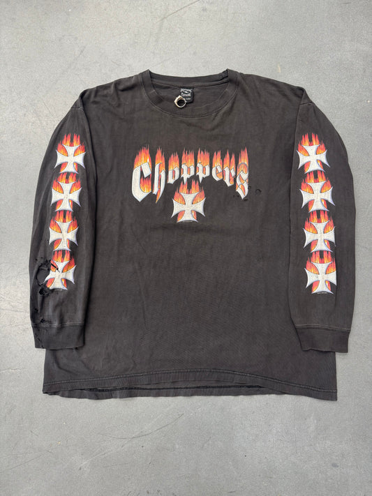 2003 CHOPPERS IRON CROSS FLAME LONGSLEEVE BOSTON, MA DISTRESSED TEE (LIGHTNING CLOTHING TAG)