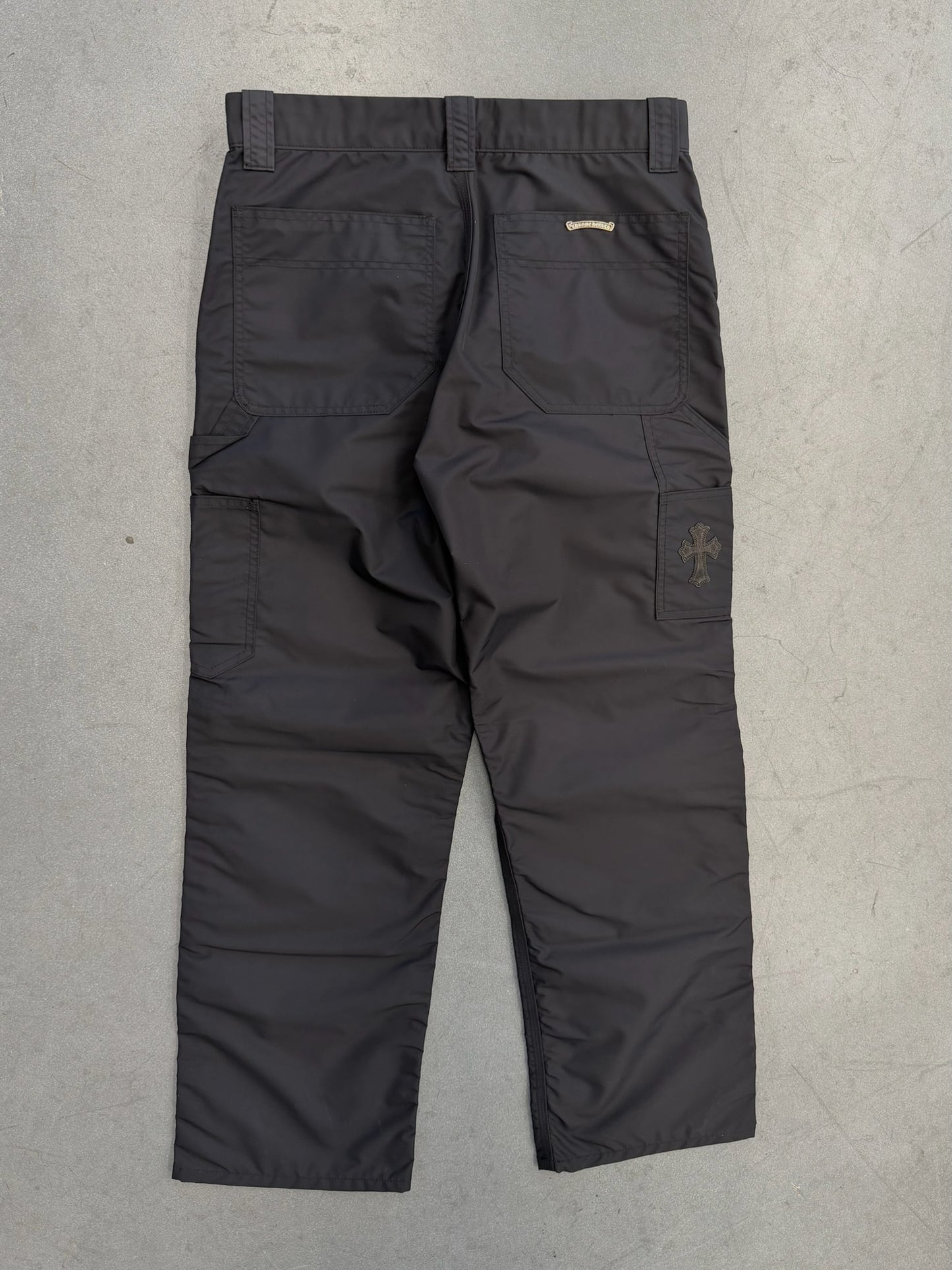 CHROME HEARTS NYLON LEATHER DOUBLE KNEE WIDE CARPENTER PANT - BLACK