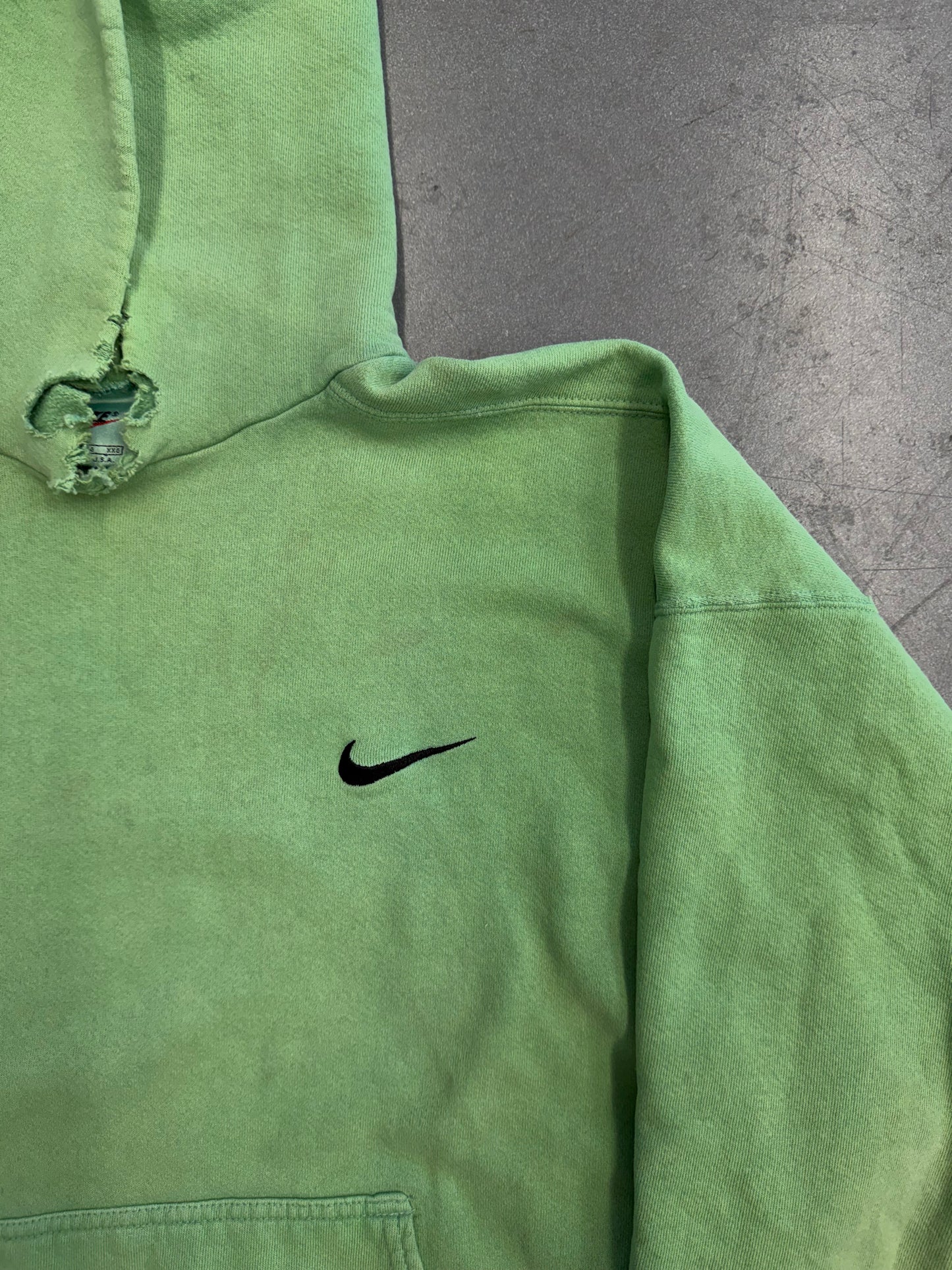 90S DISTRESSED NIKE SIDE SWOOSH PULLOVER HOODIE - GREEN OVER-DYED (NIKE RED SWOOSH TAG)