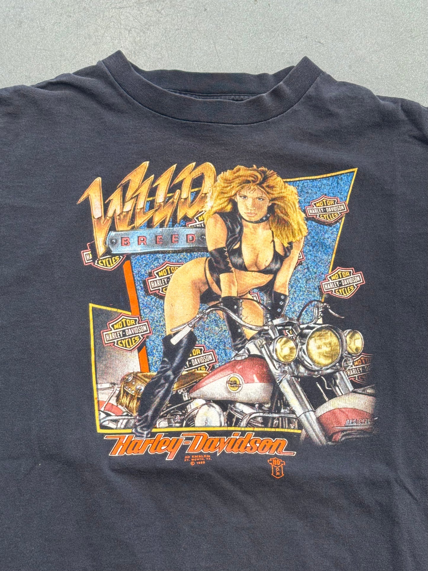 1988 WILD BREED HARLEY DAVIDSON, LONDON 3D EMBLEM TEE (ROYAL FIRST CLASS  TAG)