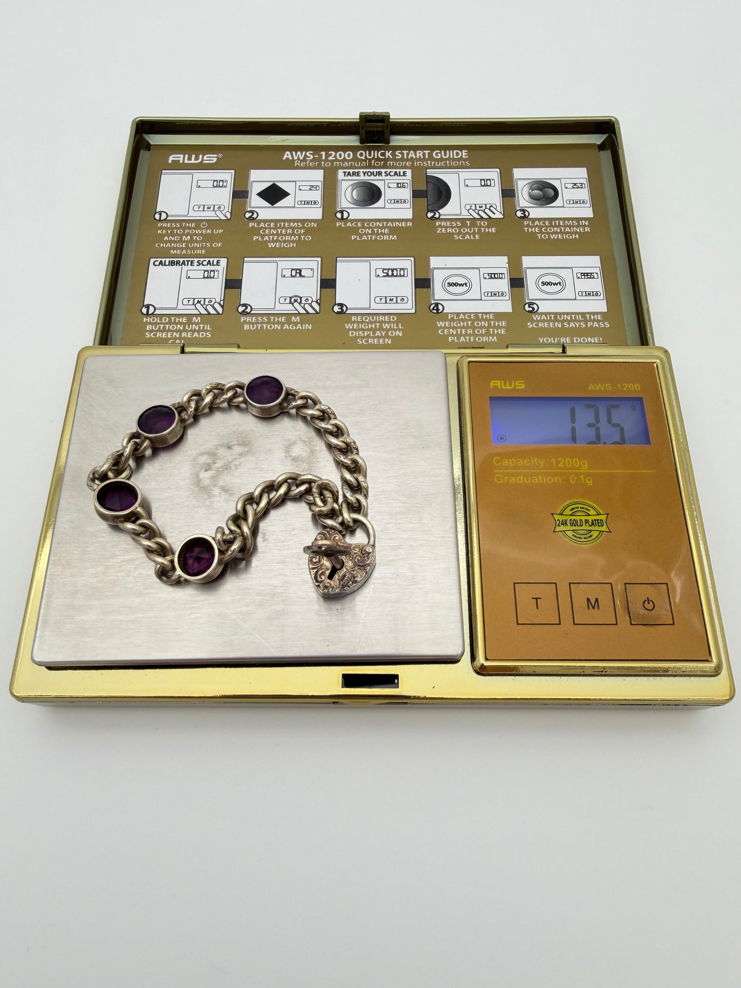 1800S VICTORIAN ERA PURPLE AMETHYST HEART LOCK WITH KEY SILVER BRACELET (13.5 GRAMS)