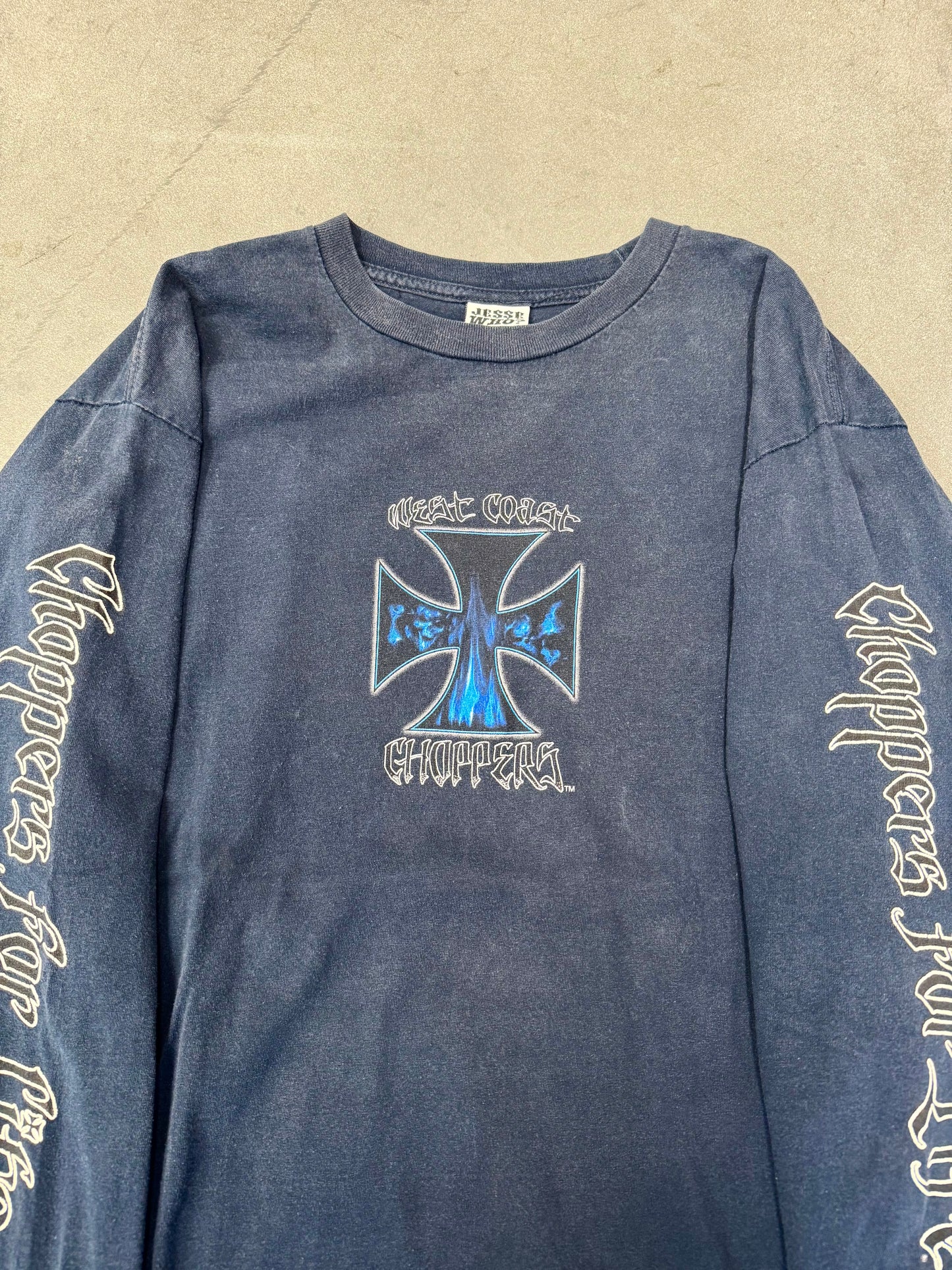 00'S WEST COAST CHOPPERS BLUE FLAME SKULL IRON CROSS LOGO "CHOPPERSF FOR LIFE" SPELLOIT LS TEE (TAG)