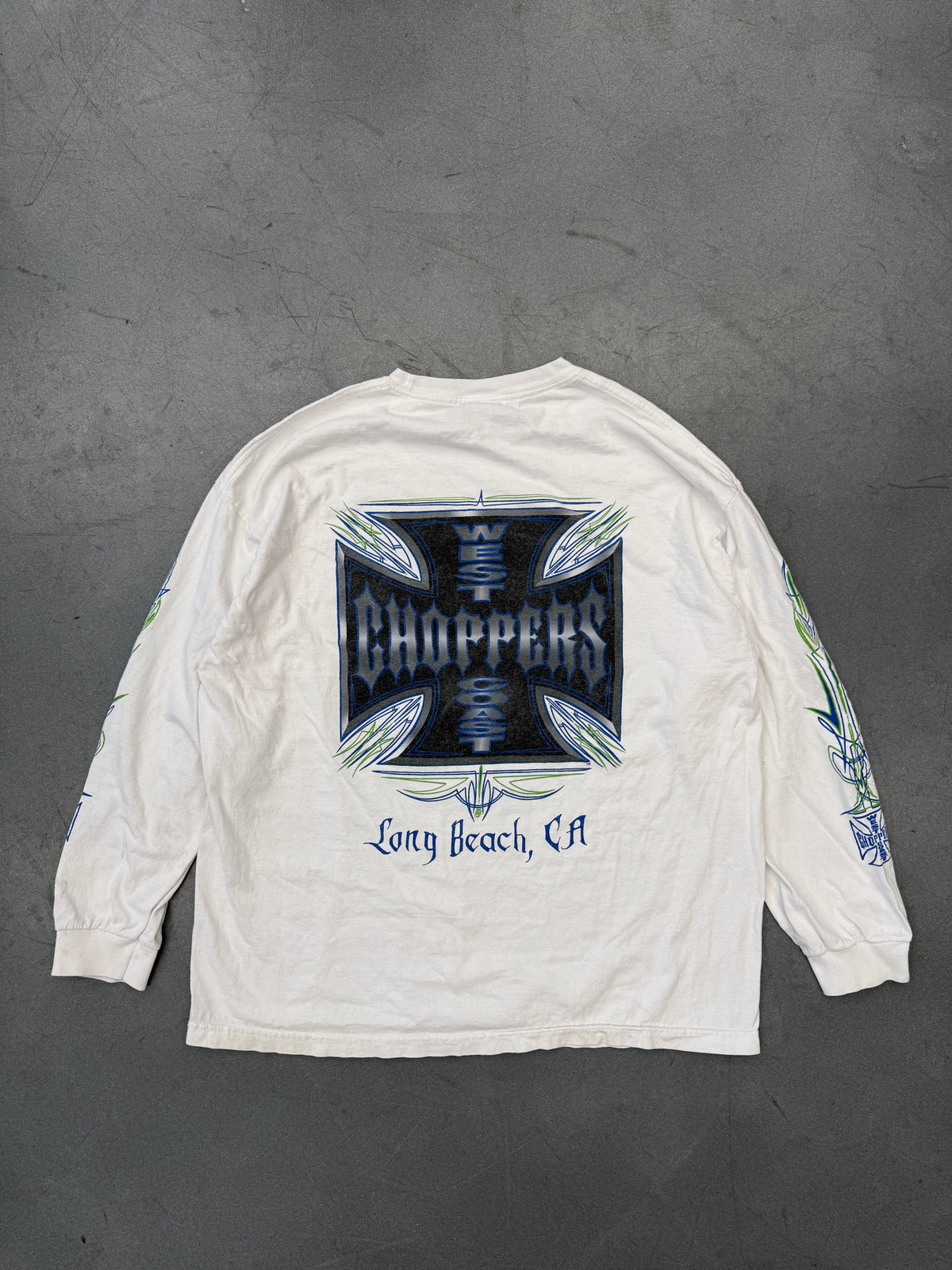 Y2K WEST COAST CHOPPERS BLUE/GREEN OUTLINE IRON CROSS LS MULLET TEE (JESSE WHO? TAGP