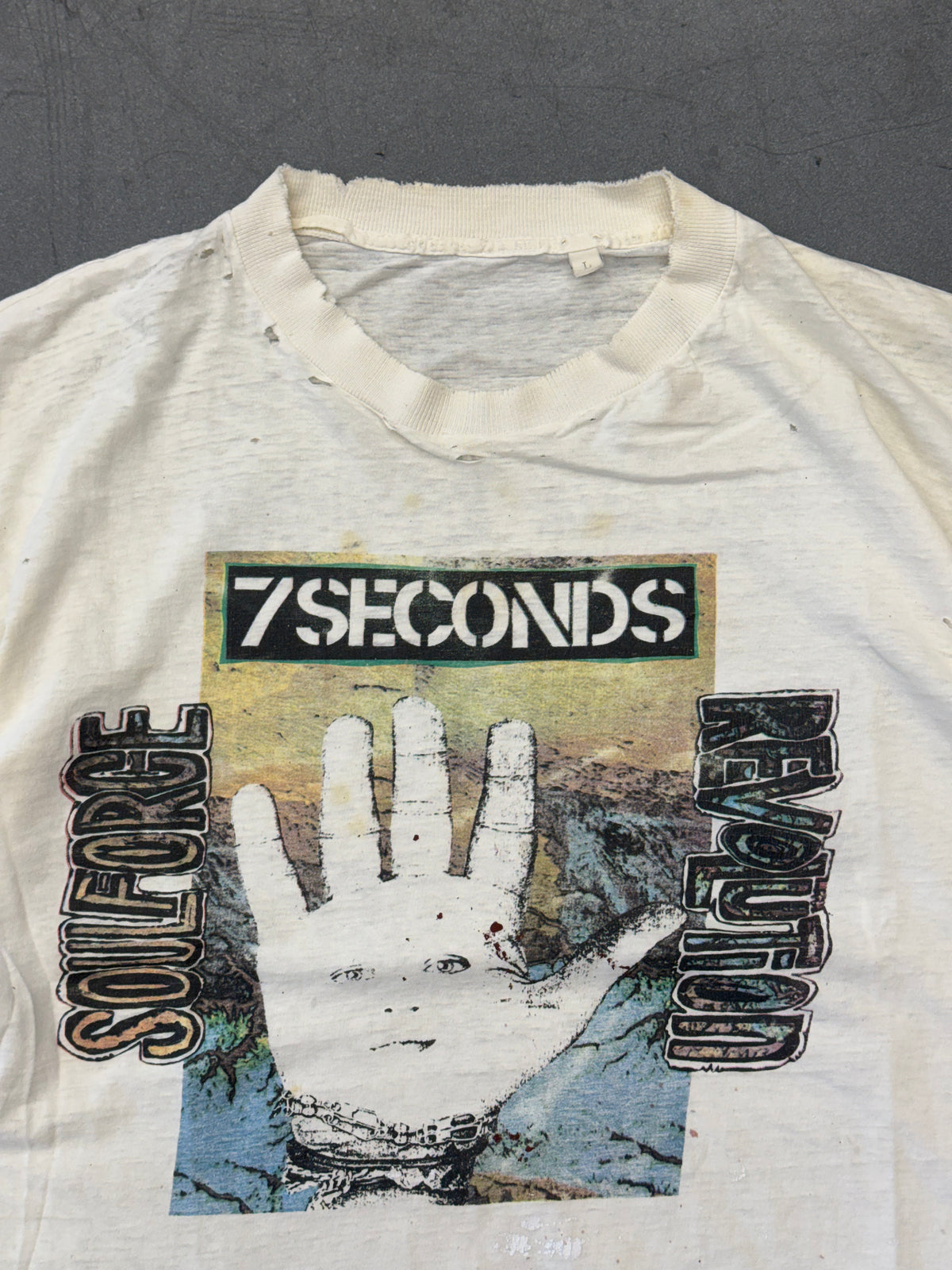 90'S 7 SECONDS SOULFORCE REVOLUTION NORTH AMERICAN TOUR THRASHED TEE (PULLED TAG) HEAVY REPAIR