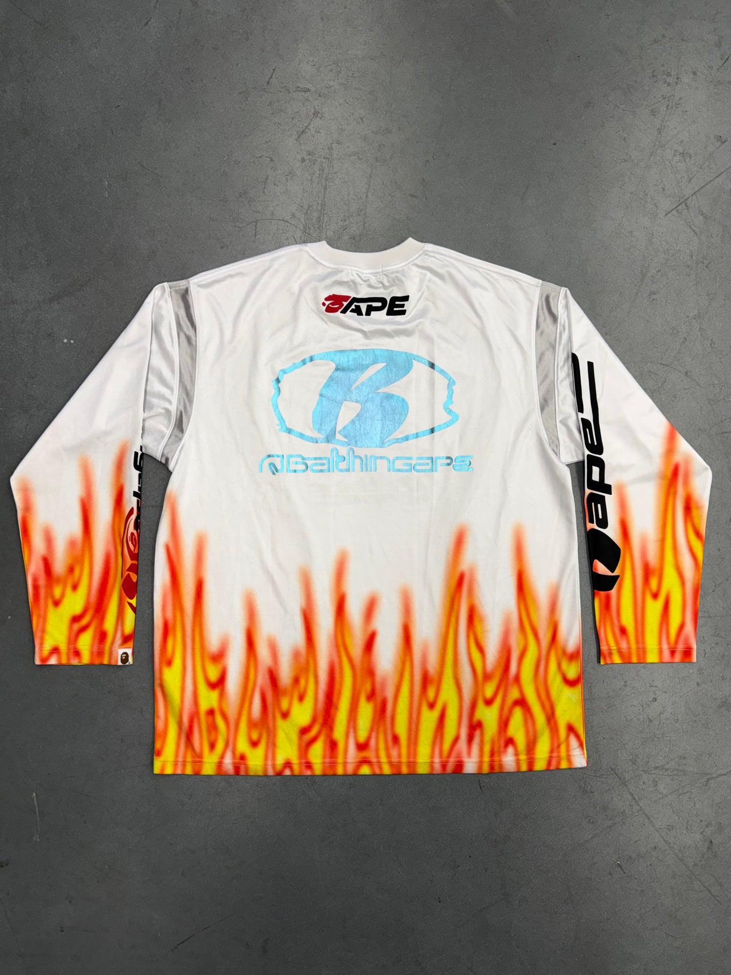SS25 BAPE FLAME PATTERN MULTILOGO RELAXED FIT FOOTBALL JERSEY - WHITE
