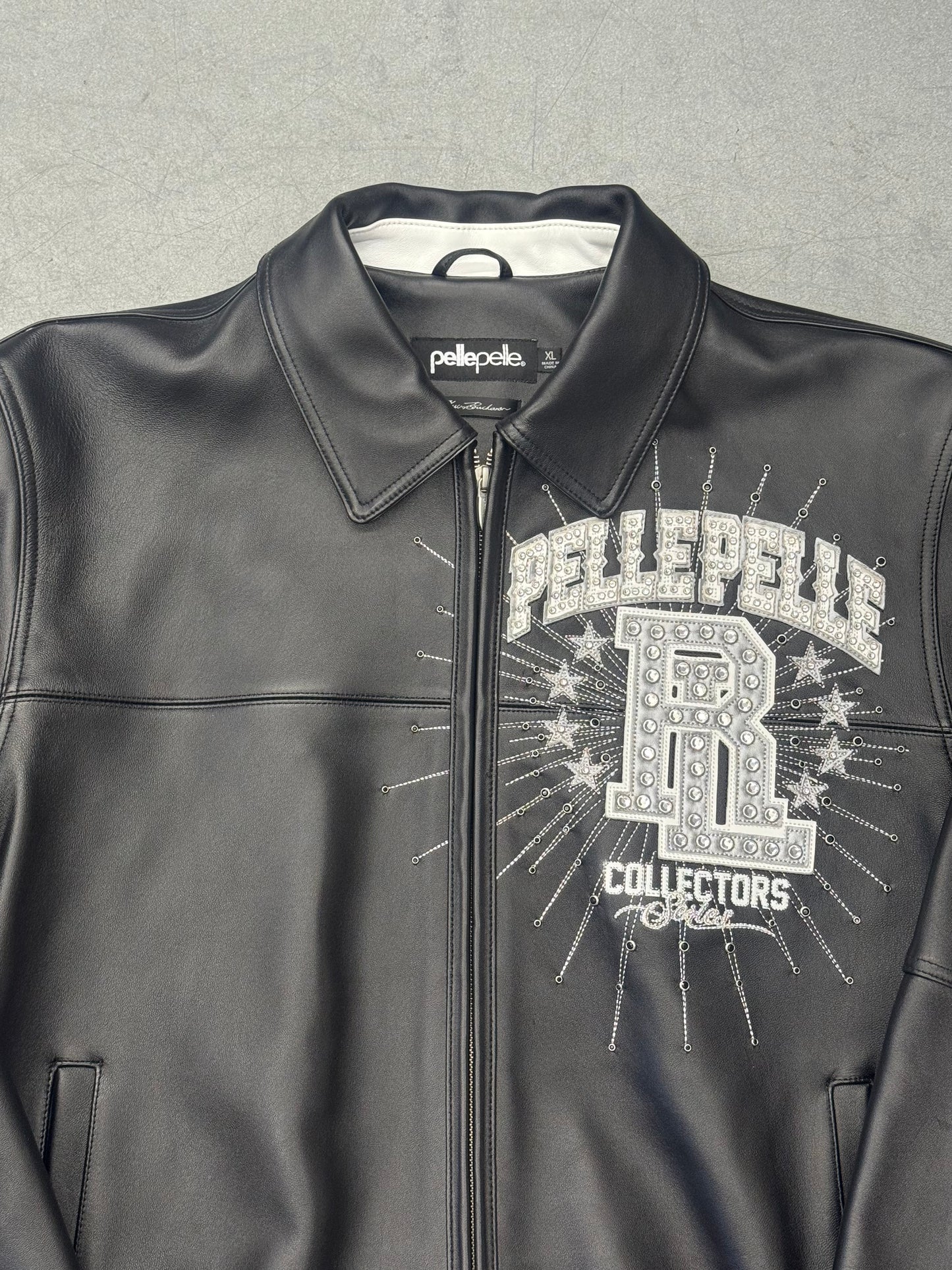 PELLEPELLE ROLLING LOUD RHINESTONE LEATHER VARSITY JACKET