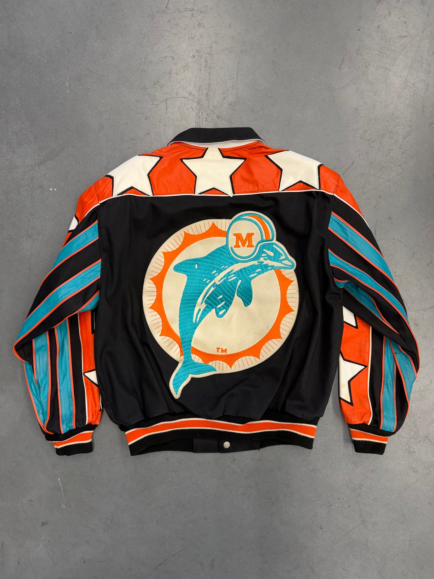 90S JEFF HAMILTON MIAMI DOLPHINS STARS LEATHER VARSITY JACKET