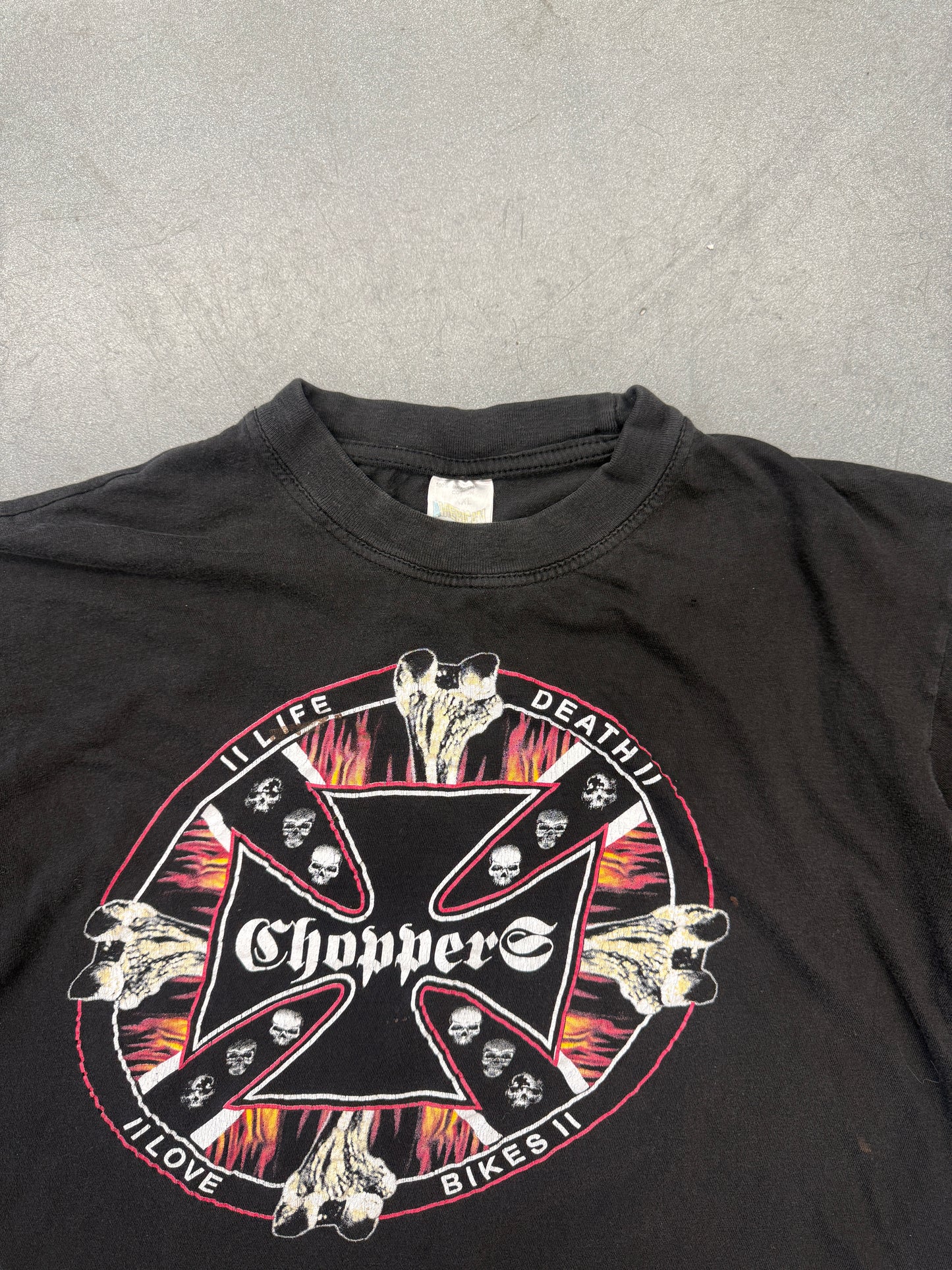 VINTAGE CHOPPERS LIFE DEATH LOVE BIKES TEE (AMERICAN T-SHIRT TAG)