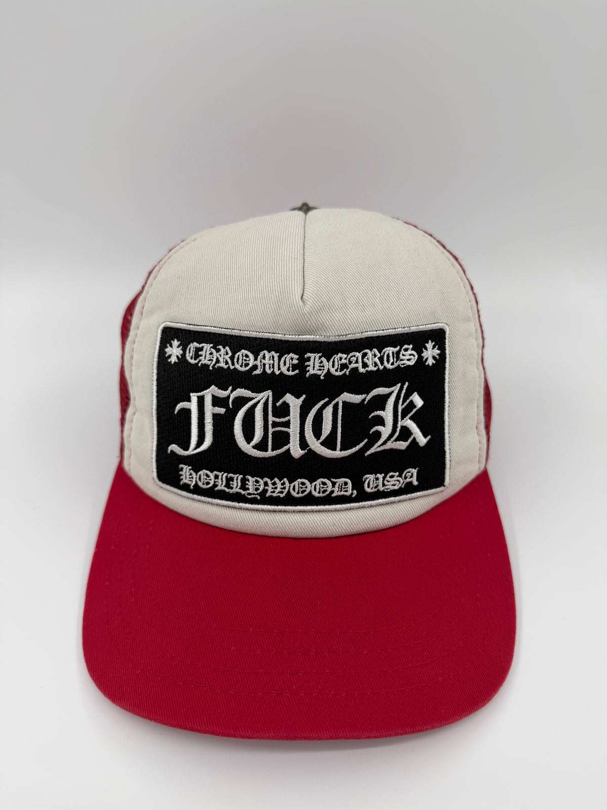 CHROME HEARTS FUCK HOLLYWOOD, USA TRUCKER HAT - RED/WHITE/BLACK