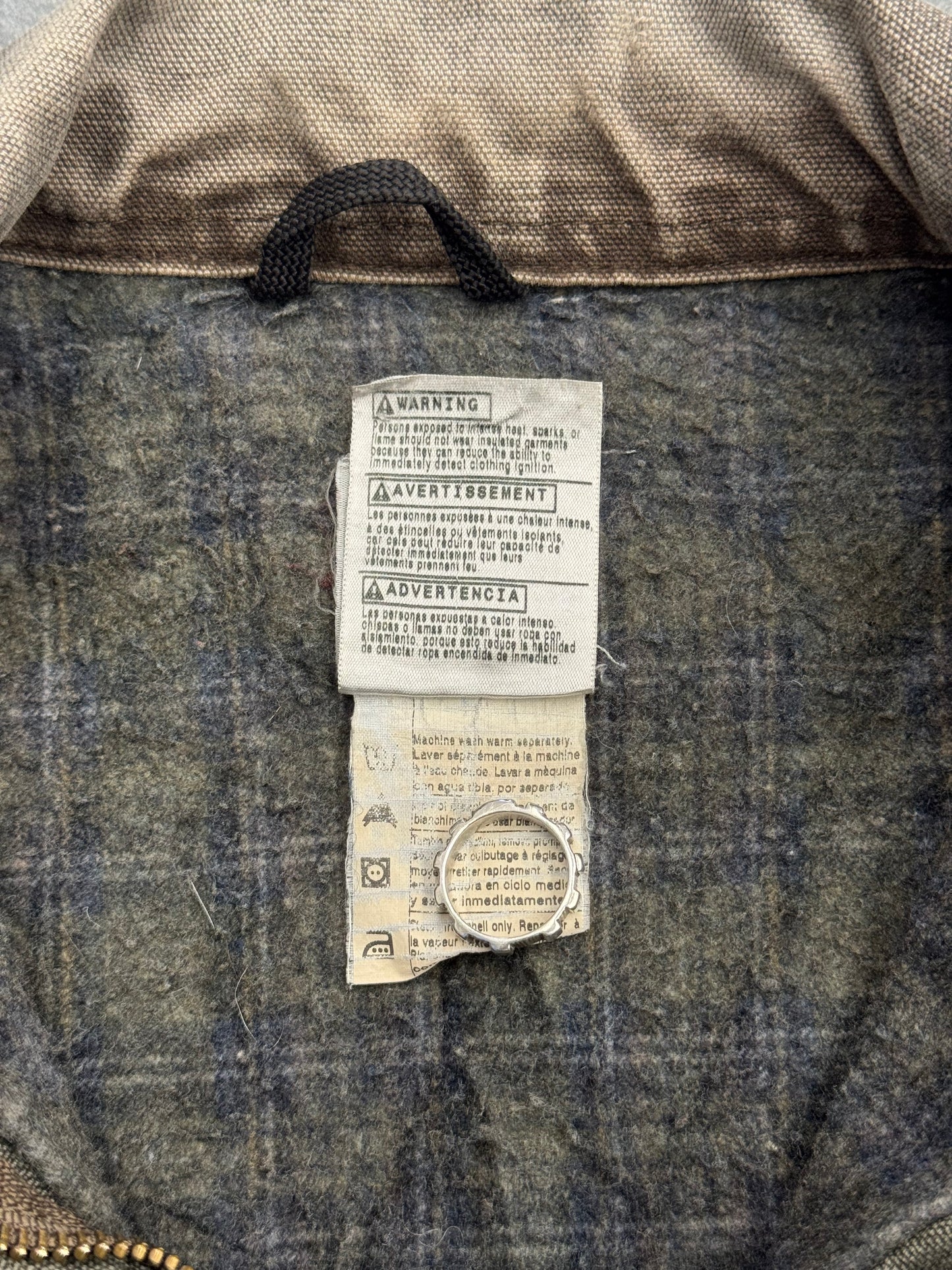 90S CARHARTT PLAID-LINED ZIP-UP CANVAS COLLARED WORK JACKET (J97MOS)
