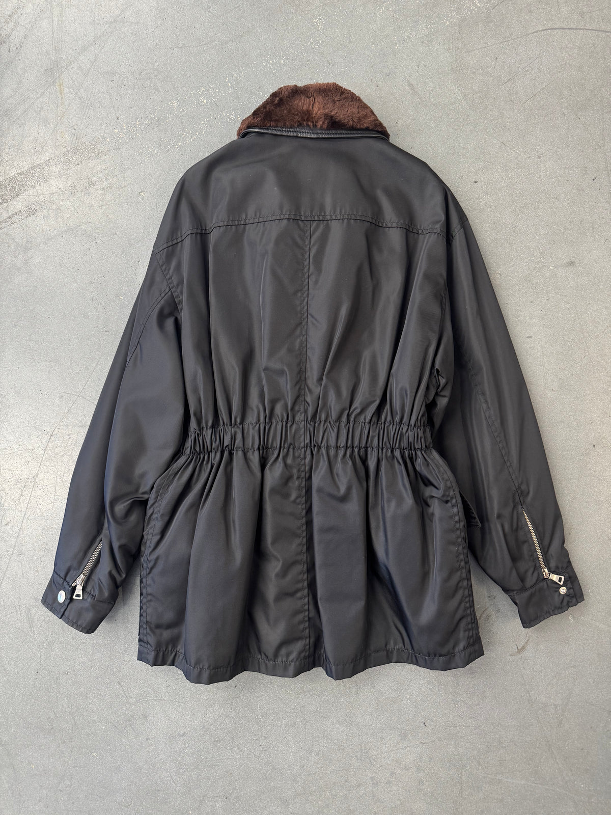 FW94 PRADA NYLON AND LEATHER COAT WITH DETACHABLE FUR COLLAR