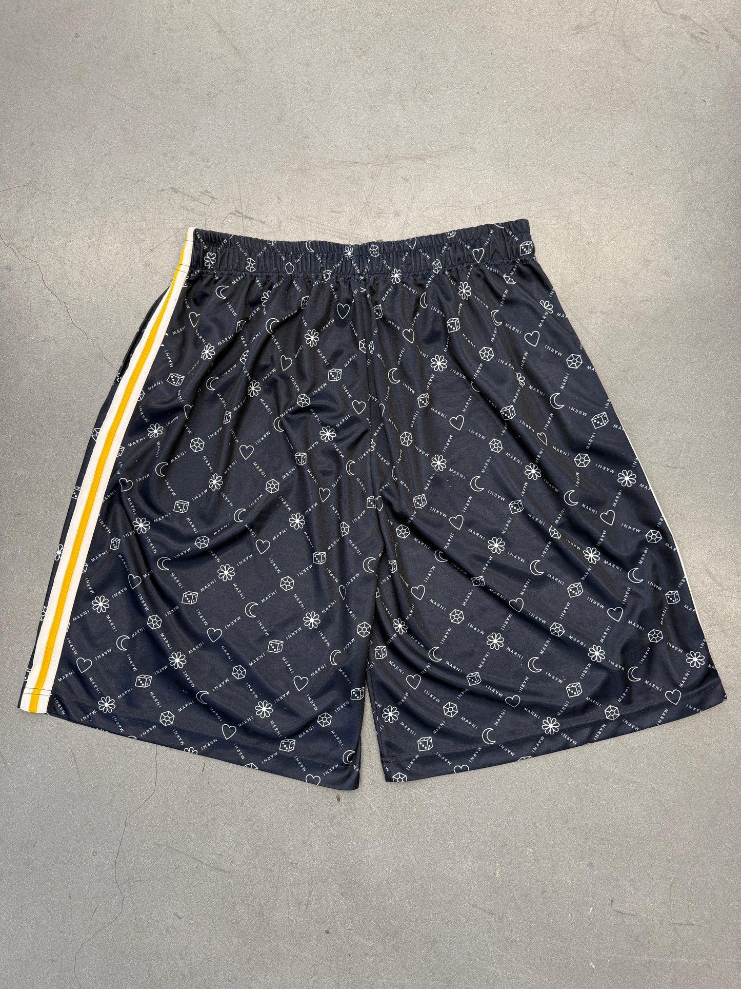 MARNI DICE-HEART-FLOWER-GEM-MOON MULTI-LOGO NYLON SHORTS