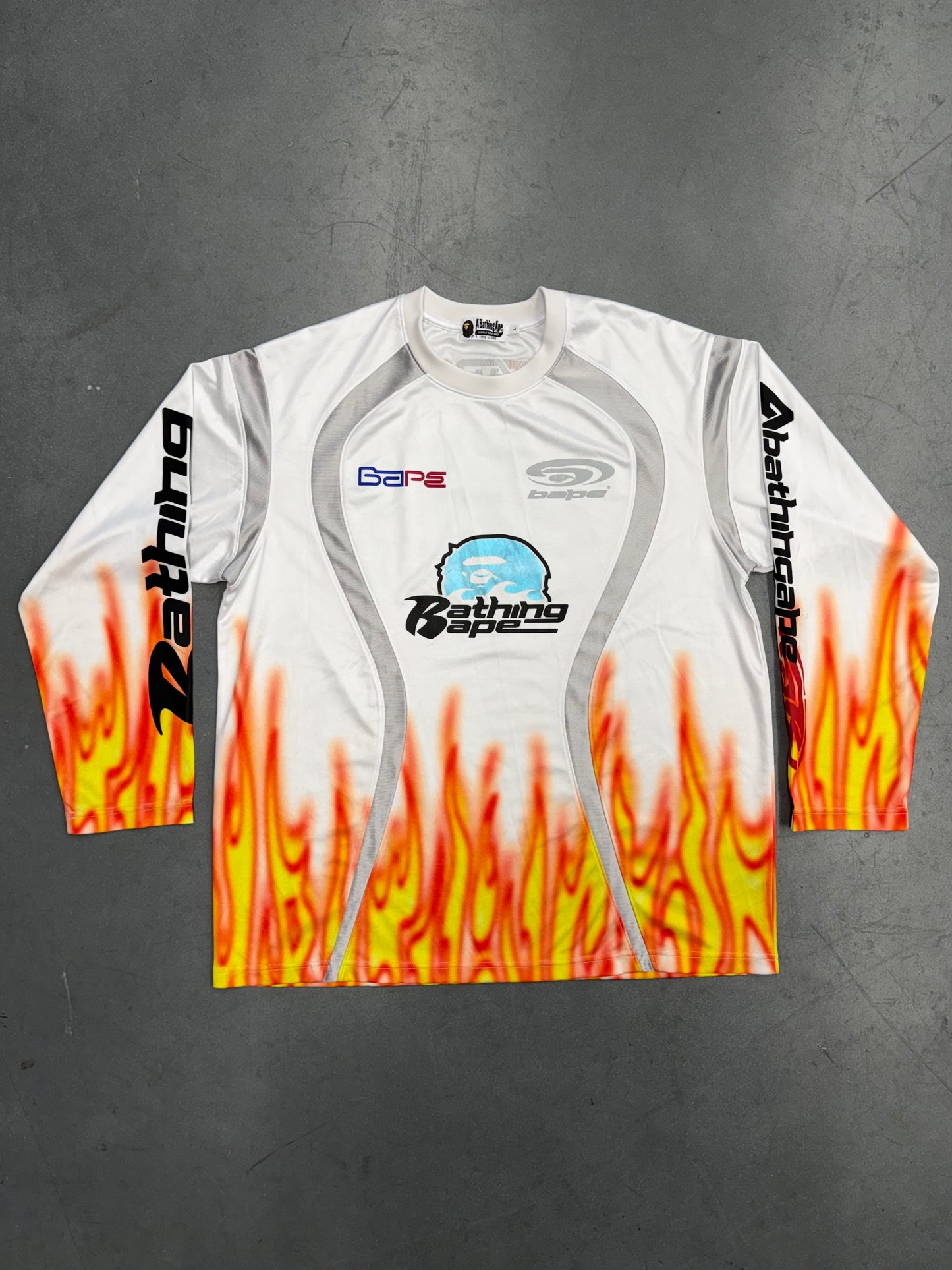 SS25 BAPE FLAME PATTERN MULTILOGO RELAXED FIT FOOTBALL JERSEY - WHITE