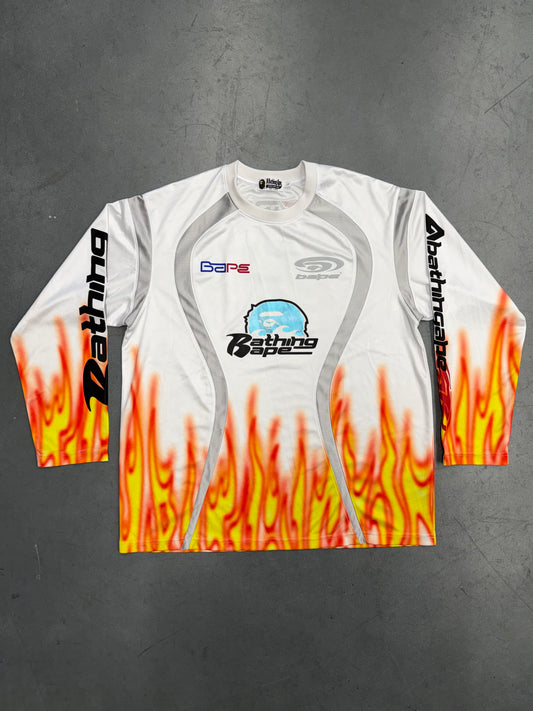 SS25 BAPE FLAME PATTERN MULTILOGO RELAXED FIT FOOTBALL JERSEY - WHITE