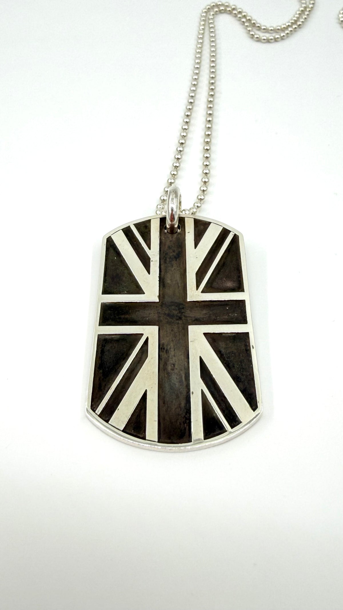 CHROME HEARTS UNION JACK SILVER DOG TAG "GOD SAVE THE SEX PISTOLS" WITH 30 INCH SILVER BALL CHAIN
