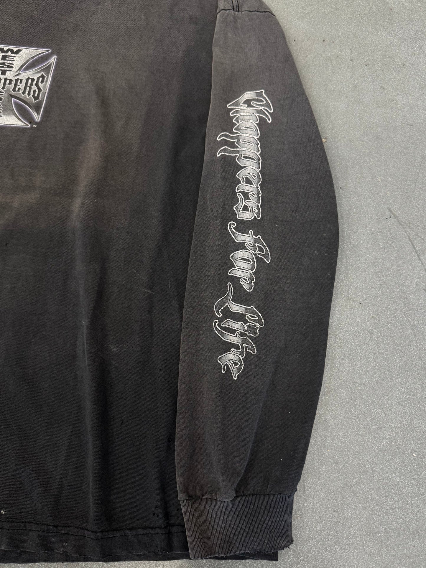 00'S WEST COAST CHOPPERS "CHOPPERS FOR LIFE" SPELLOUT LS DISTRESSED TEE (JESSE WHO TAG)