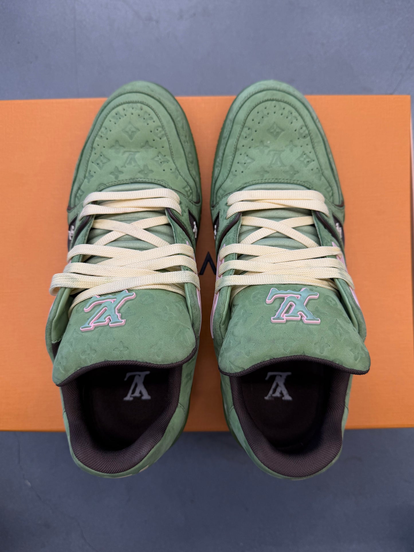 SS24 SIZE 7.5 LV LOUIS VUITTON BY TYLER THE CREATOR TRAINER - GREEN (PRE-OWNED WITH BOX)
