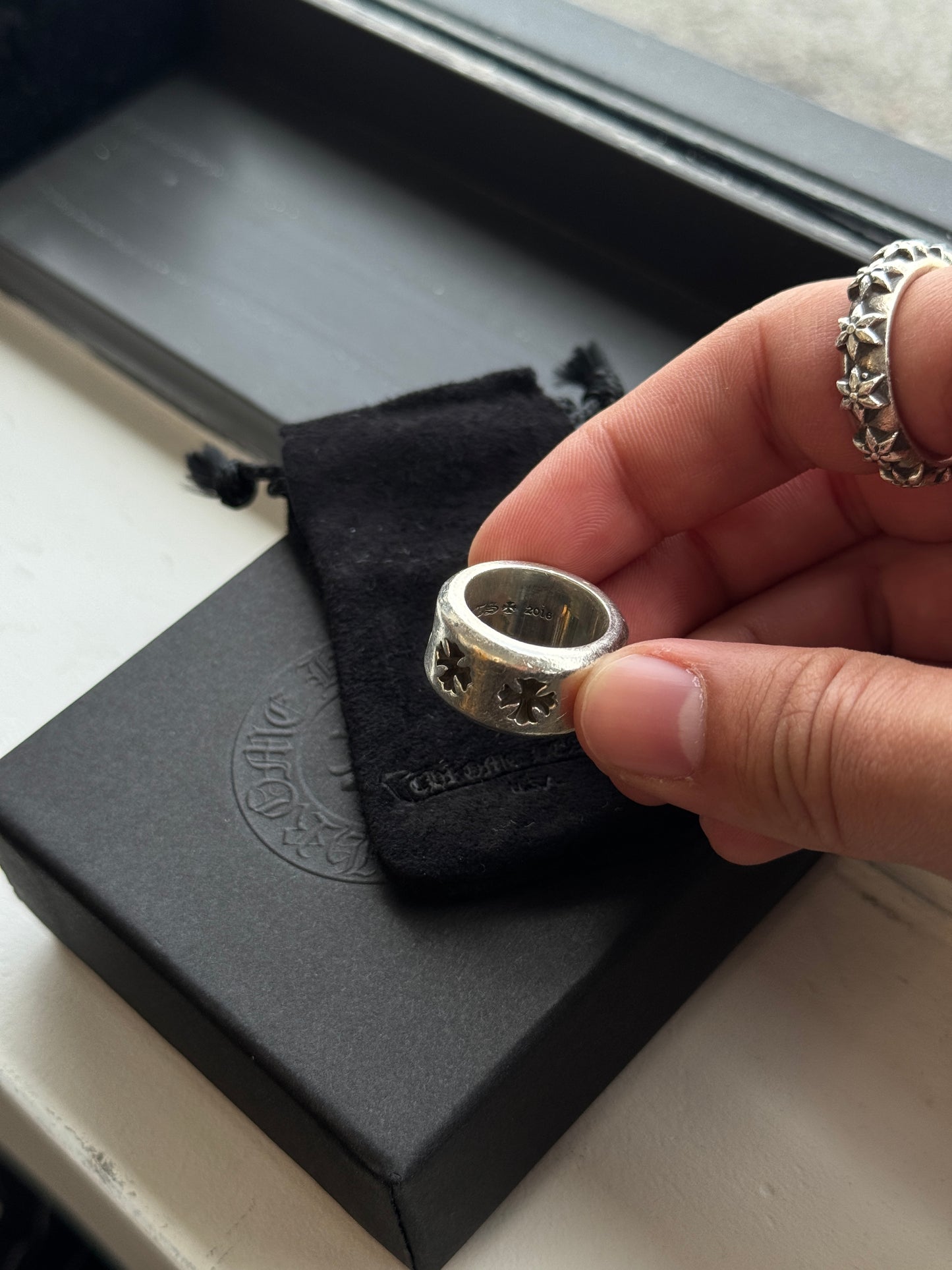 CHROME HEARTS NEGATIVE TINY PLUS THICK BAND SILVER RING (SIZE 6) (19.5 GRAMS)