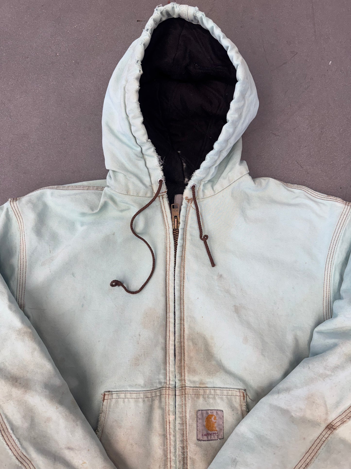 90S CARHARTT INSULATED ZIP-UP DISTRESSED CANVAS WORK JACKET (FADED TAG) (TURQUOISE/BROWN)