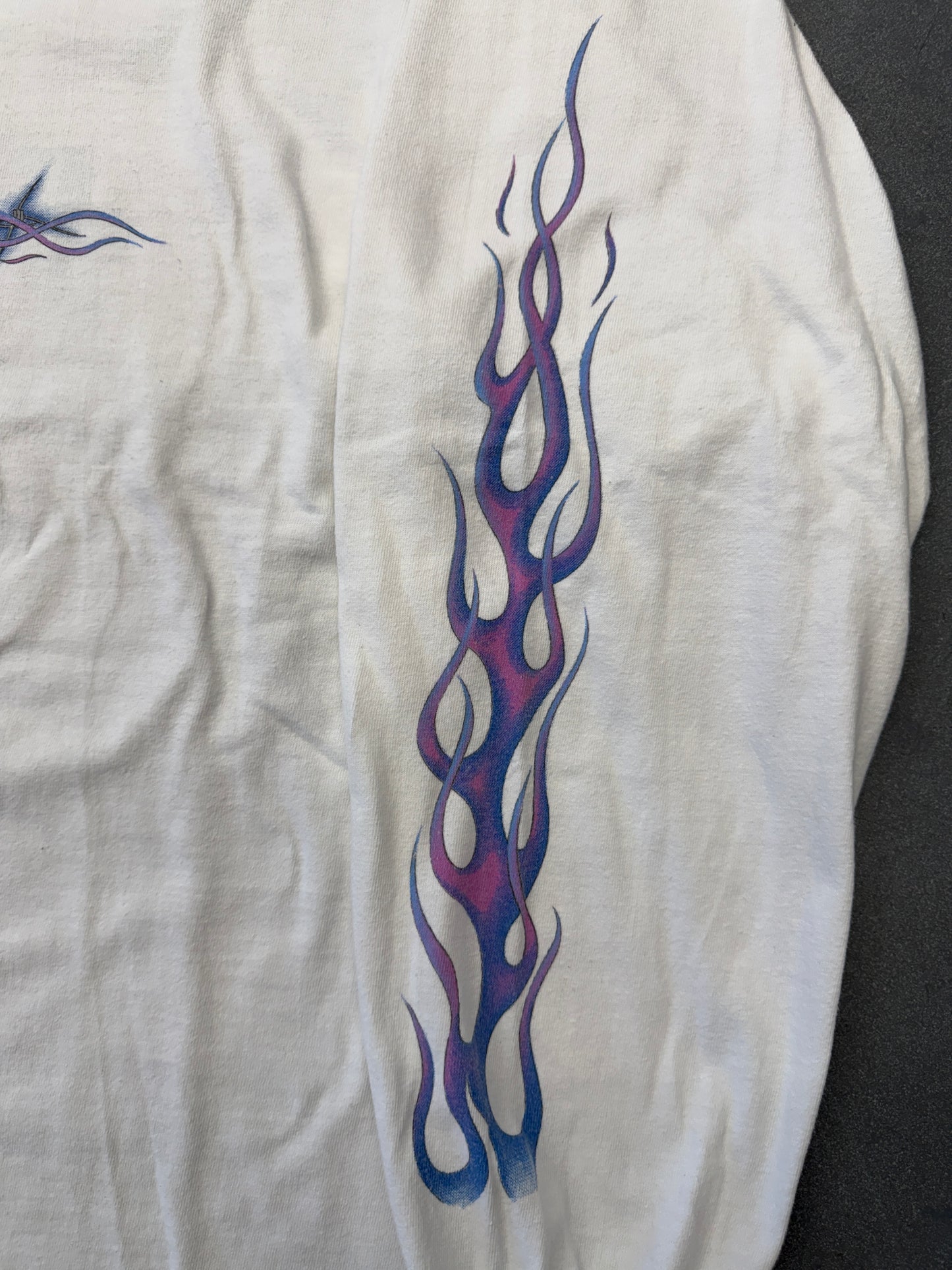 1998 HARLEY-DAVIDSON FEEL THE HEAT DONAHUE ST. CLOUD, MN PURPLE FLAME SLEEVE LS MULLET TEE