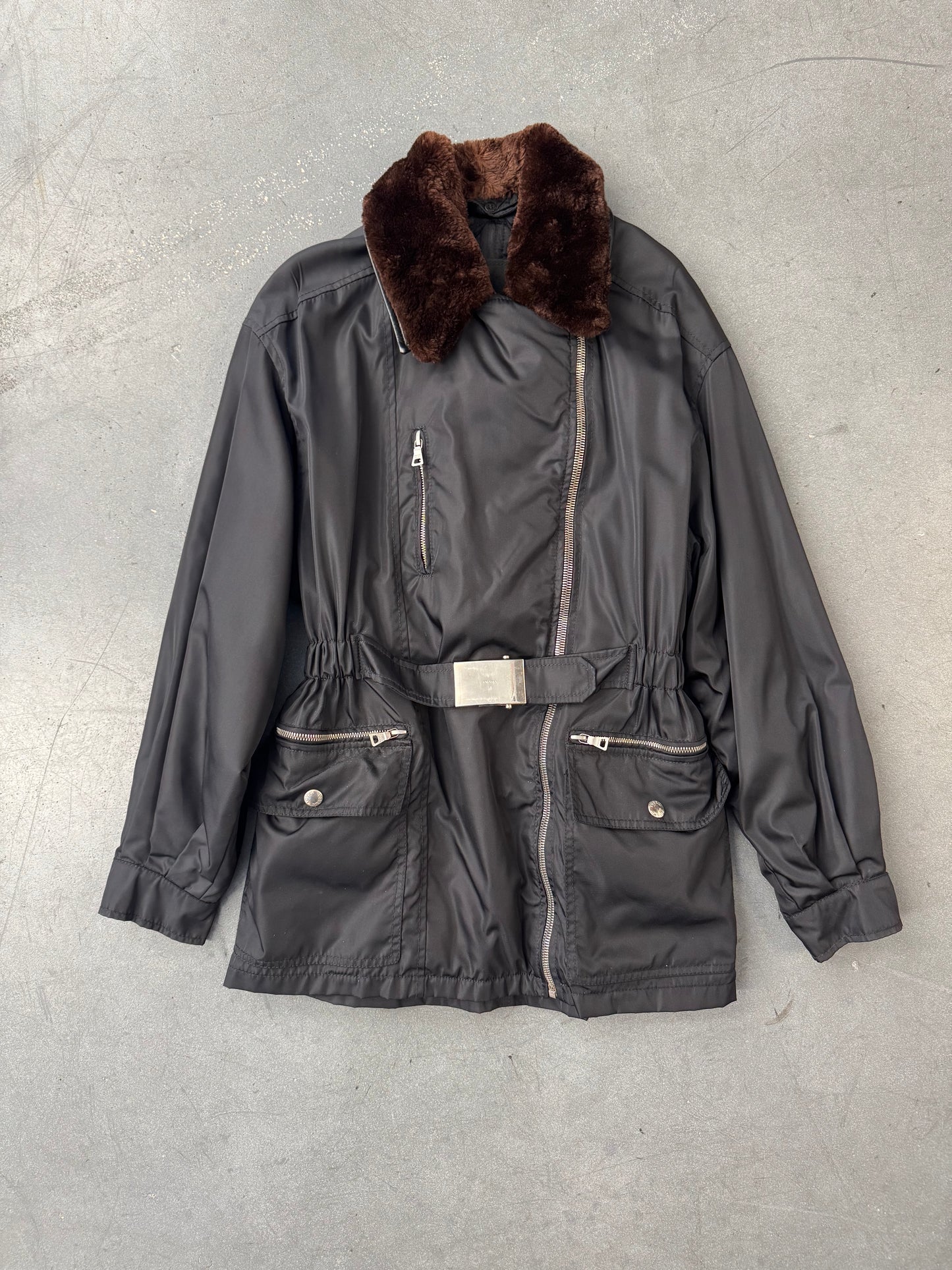 FW94 PRADA NYLON AND LEATHER COAT WITH DETACHABLE FUR COLLAR