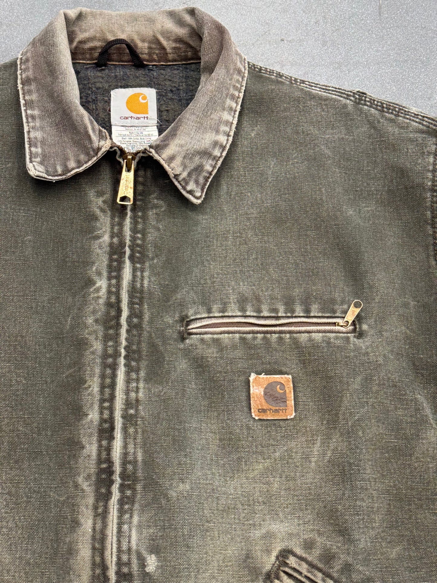 90S CARHARTT PLAID-LINED ZIP-UP CANVAS COLLARED WORK JACKET (J97MOS)