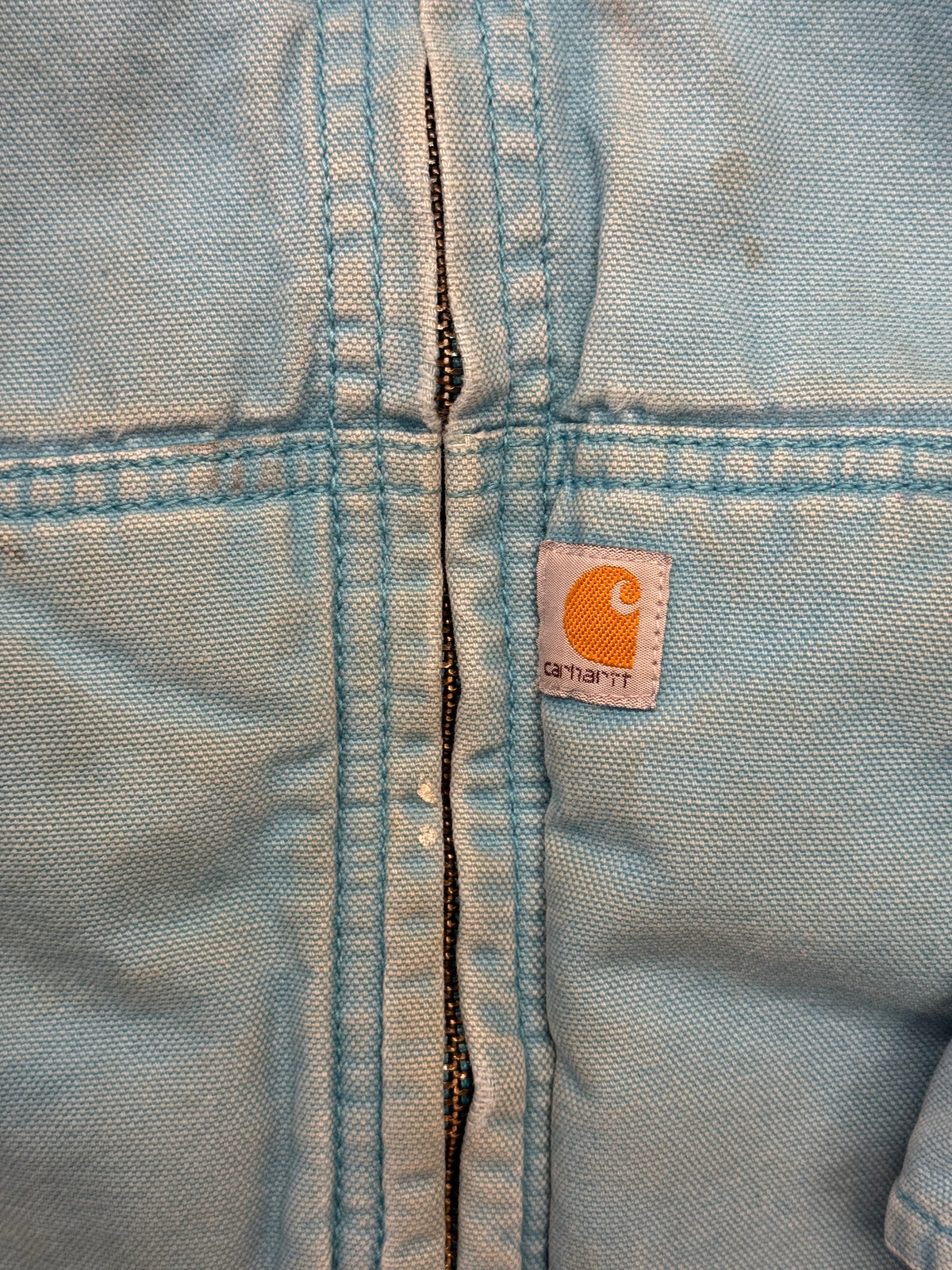 VINTAGE CARHARTT BABY BLUE CANVAS HOODED ZIP-UP JACKET (SHERPA LINED)