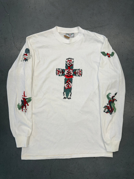 90S VINTAGE HARD TAIL CROSS TATTOO STYLE LONG SLEEVE TEE