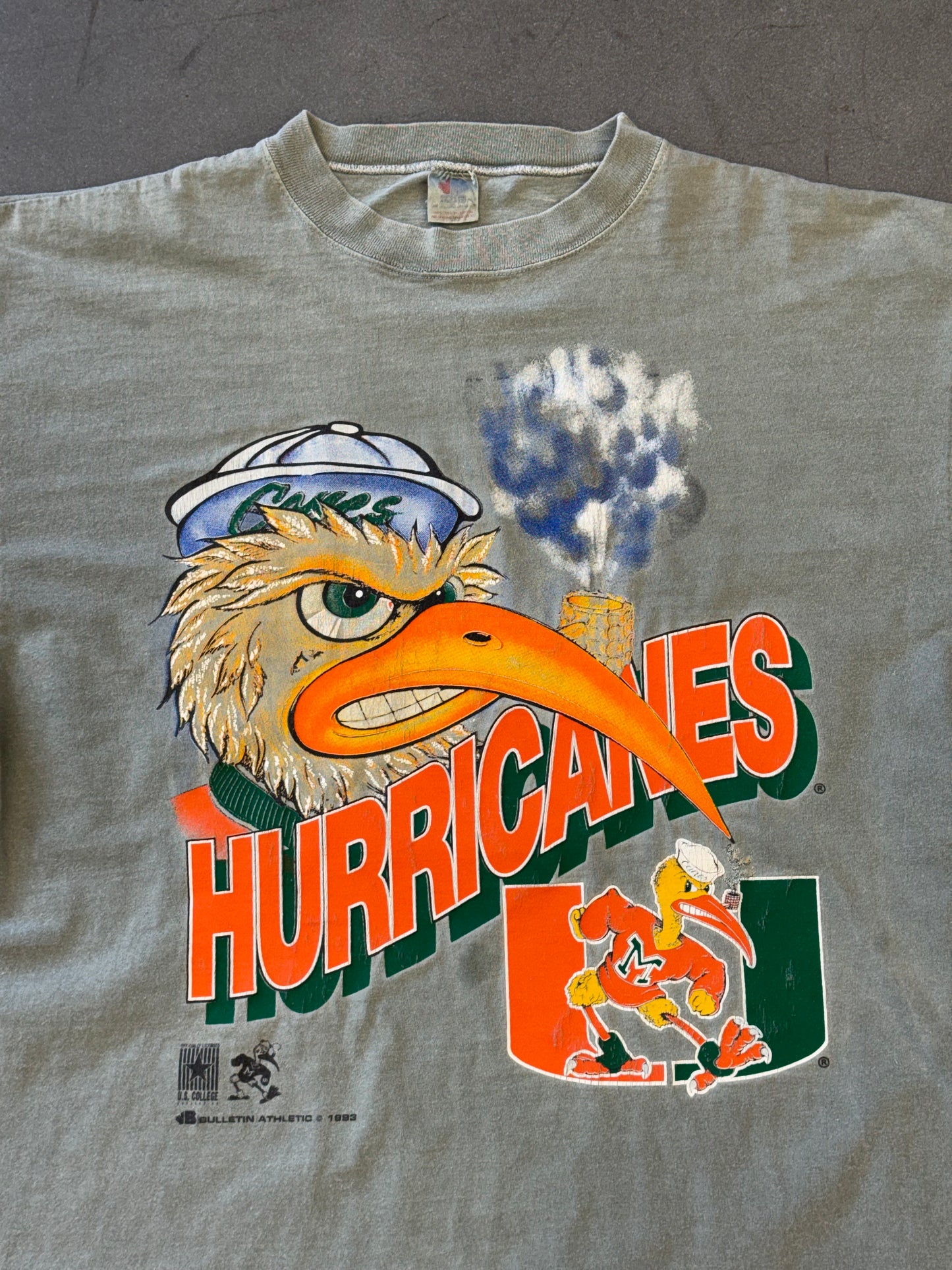1993 MIAMI HURRICANES SMOKING SEBASTIAN TEE (BULLETIN ATHLETIC TAG)