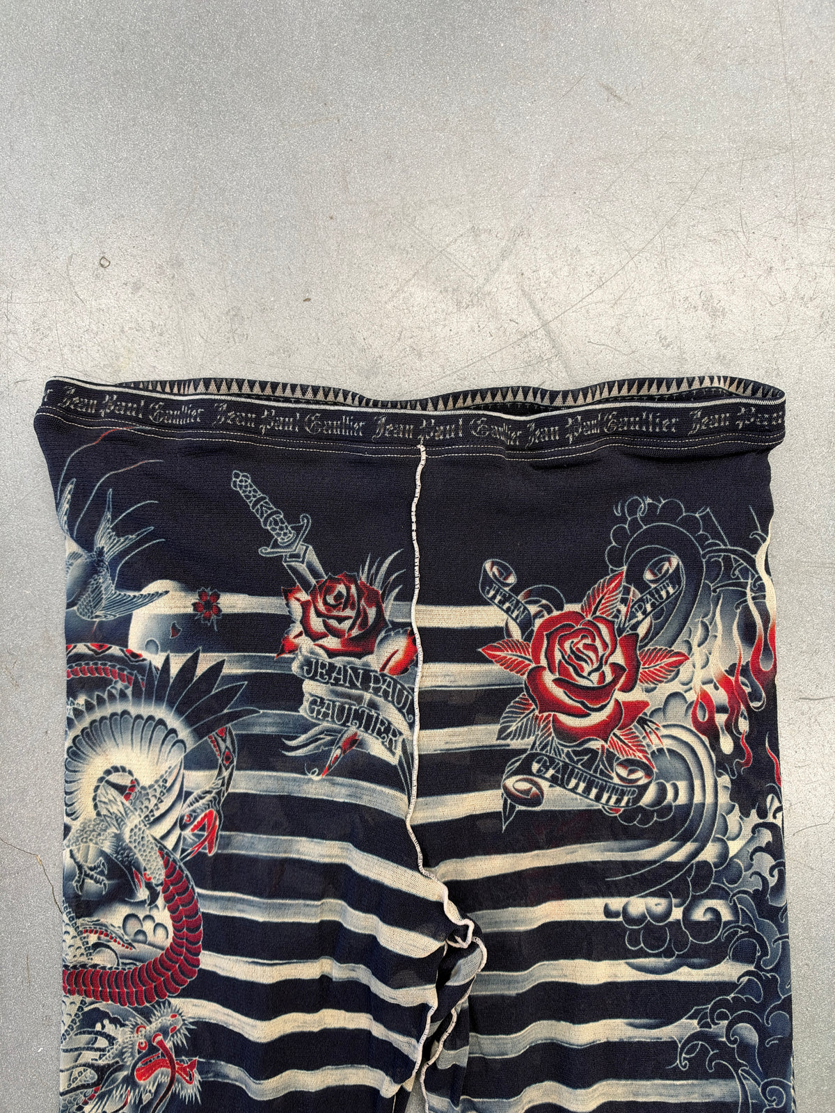 FW23 JEAN PAUL GAULTIER MARINIERE TATTOO FLARE PANTS - NAVY BLUE