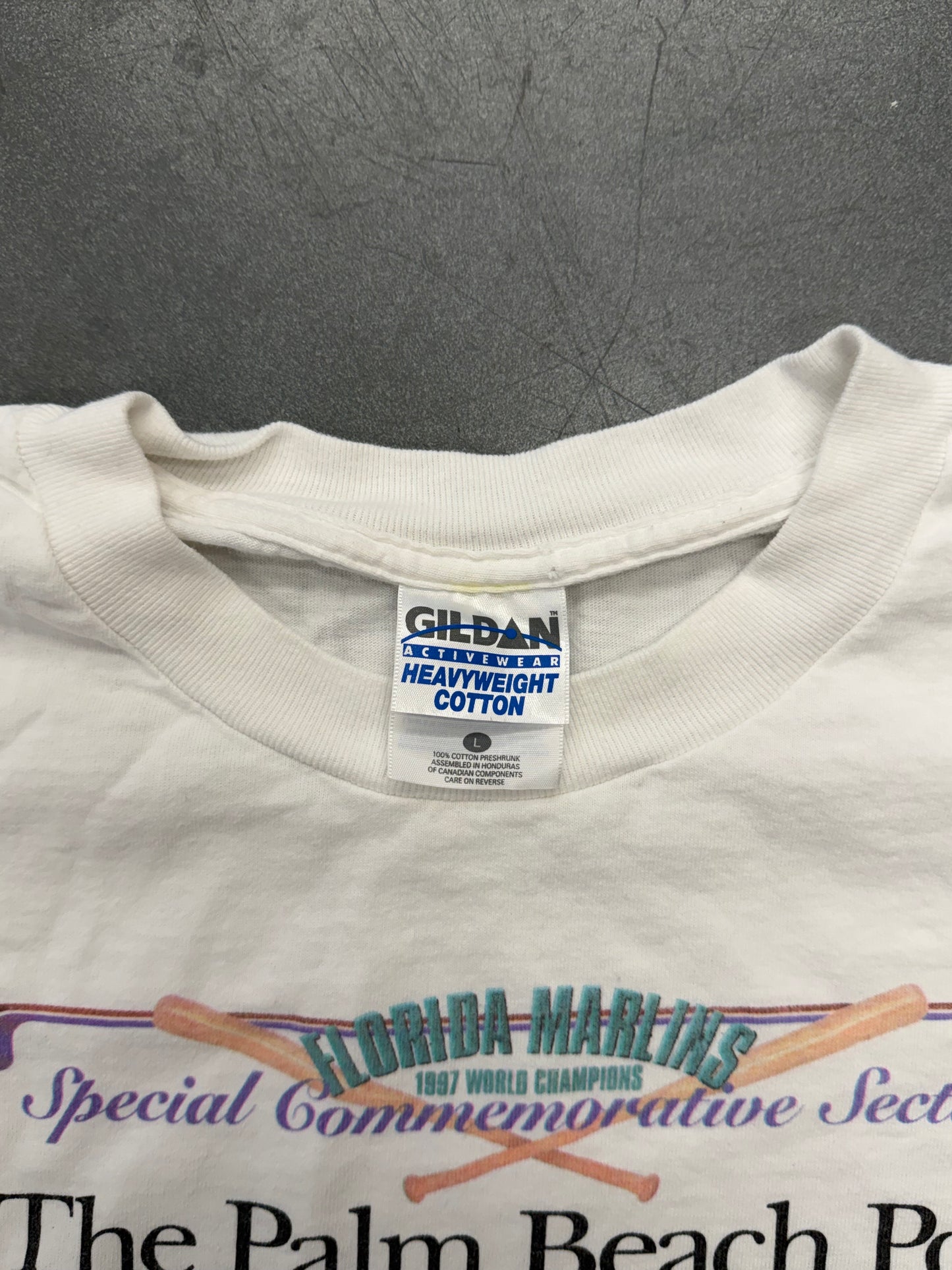 1997 FLORIDA MARLINS THE PALM BEACH POST ELEVENTH HEAVEN NEWSPAPER SHIRT (GILDAN ACTIVEWEAR TAG)