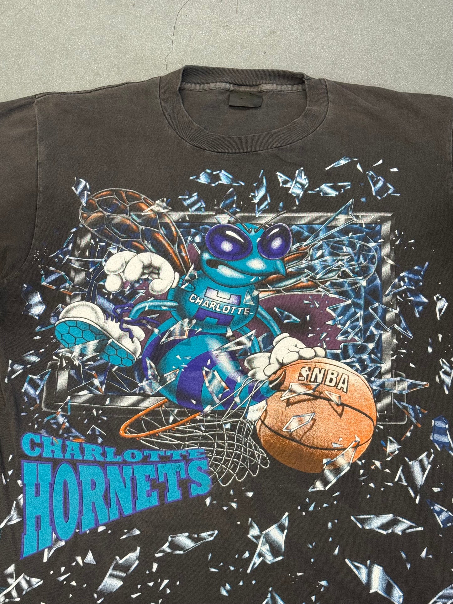 1992 NBA CHARLOTTE HORNETS SHATTERED BACKBOARD BASKETBALL TEE (CHANGES TAG)