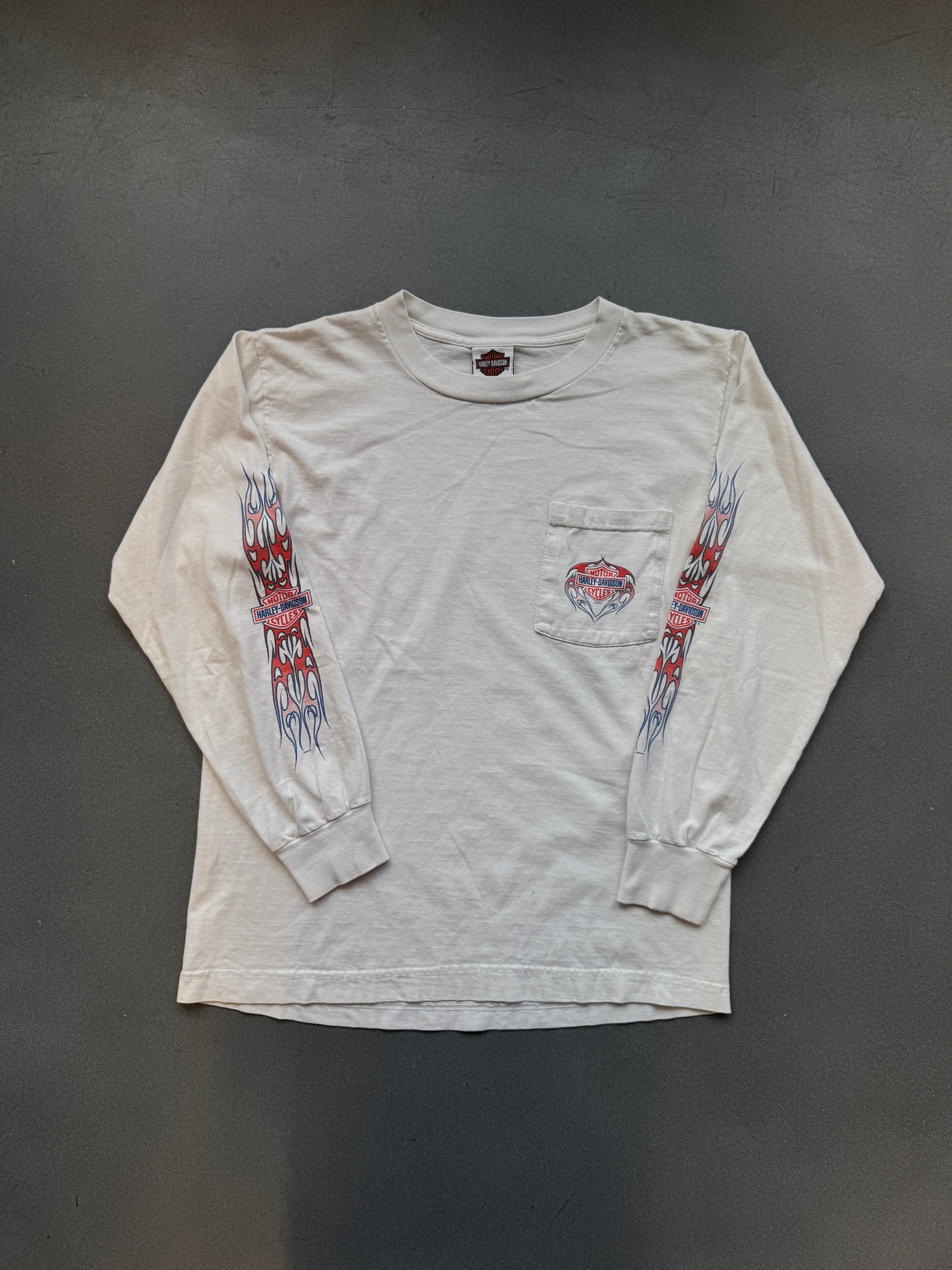 2004 HARLEY DAVIDSON "TILLEY'S HARLEY-DAVIDSON SHOP SALISBURY, NC" FLAME LS MULLET TEE (HARLEY DAVIDSON TAG)