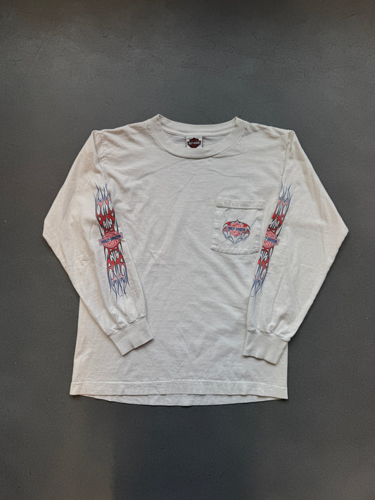 2004 HARLEY DAVIDSON "TILLEY'S HARLEY-DAVIDSON SHOP SALISBURY, NC" FLAME LS MULLET TEE (HARLEY DAVIDSON TAG)