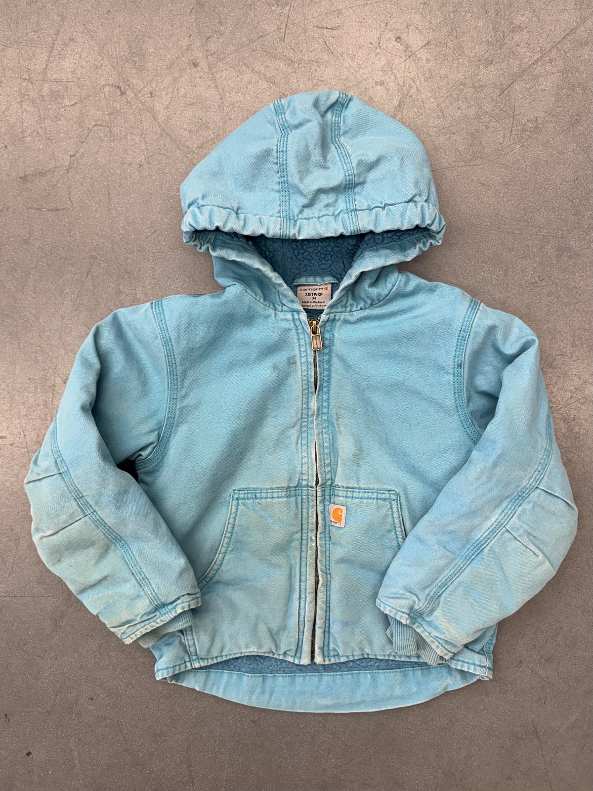 VINTAGE CARHARTT BABY BLUE CANVAS HOODED ZIP-UP JACKET (SHERPA LINED)