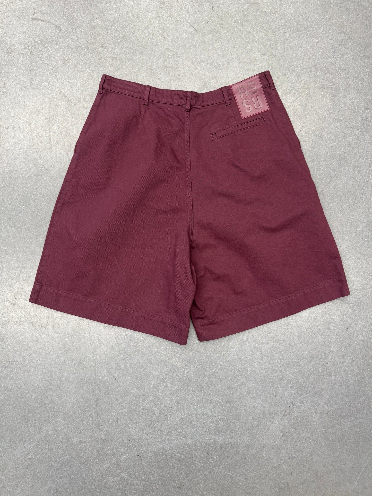SS22 RAF SIMONS DOUBLE PLEATED WIDE DENIM SHORTS - BURGUNDY