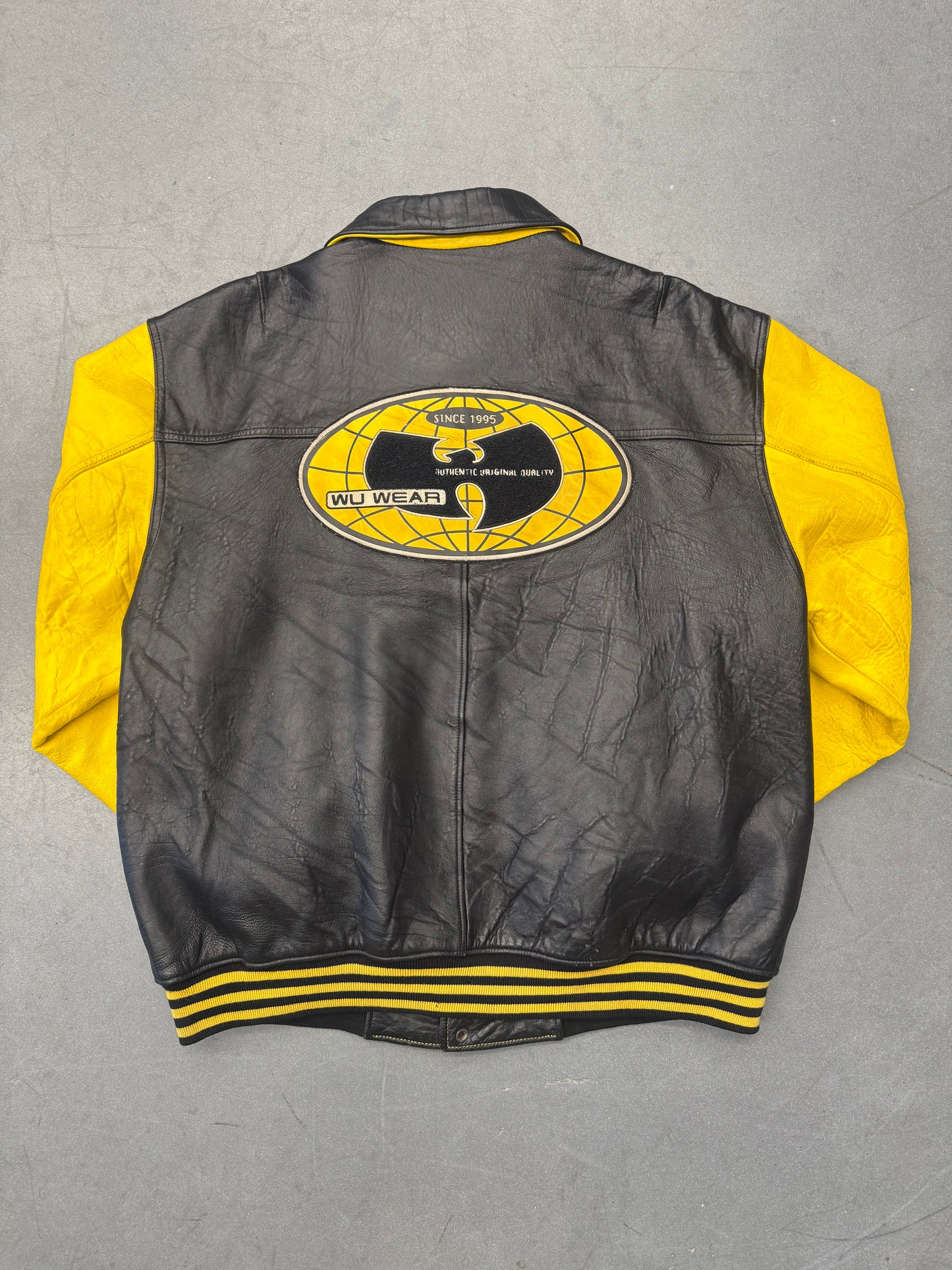 90S WU-TANG WU WEAR KILLAH BEEZ LEATHER VARSITY JACKET - BLACK/YELLOW