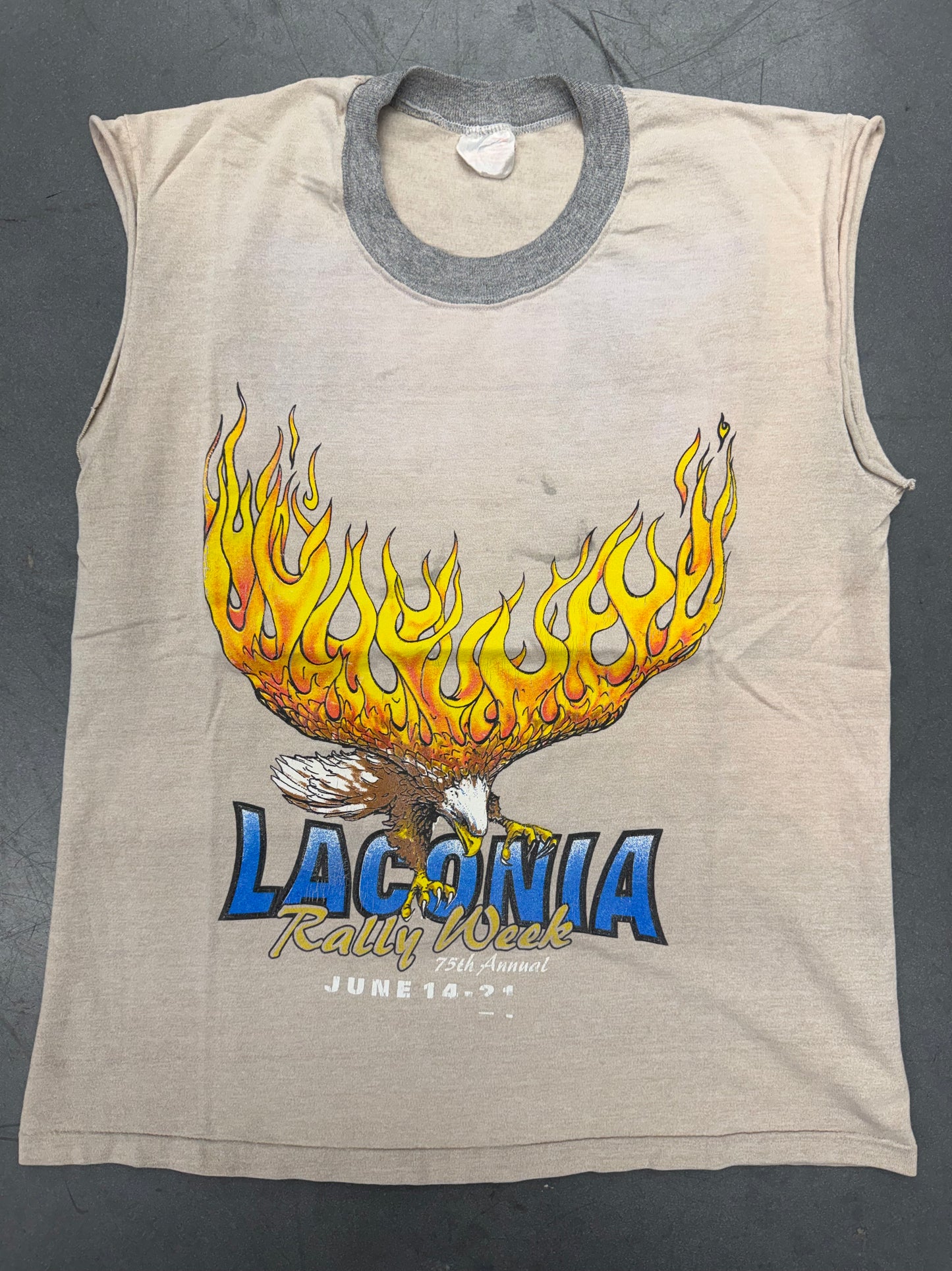 1998 LACONIA, NEW HAMPSHIRE 75TH ANNUAL RALLY WEEK CUTOFF TEE (FADED FLAG TAG)