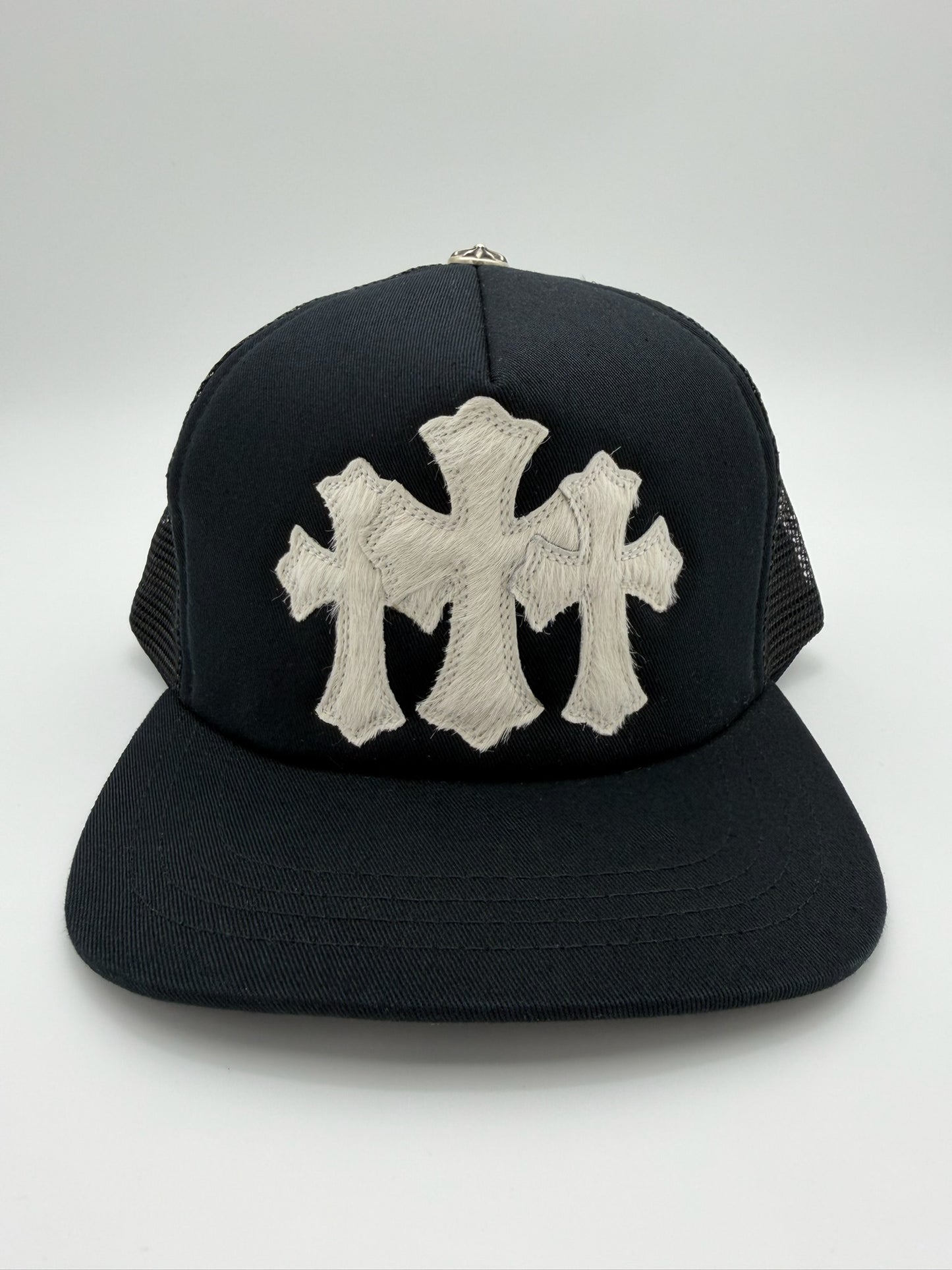 CHROME HEARTS PONY HAIR  TRIPLE CROSS TRUCKER HAT - BLACK/WHITE