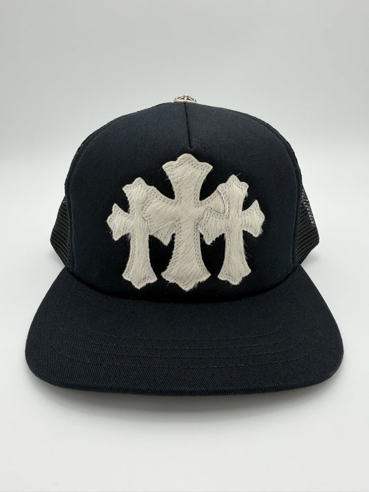 CHROME HEARTS PONY HAIR  TRIPLE CROSS TRUCKER HAT - BLACK/WHITE