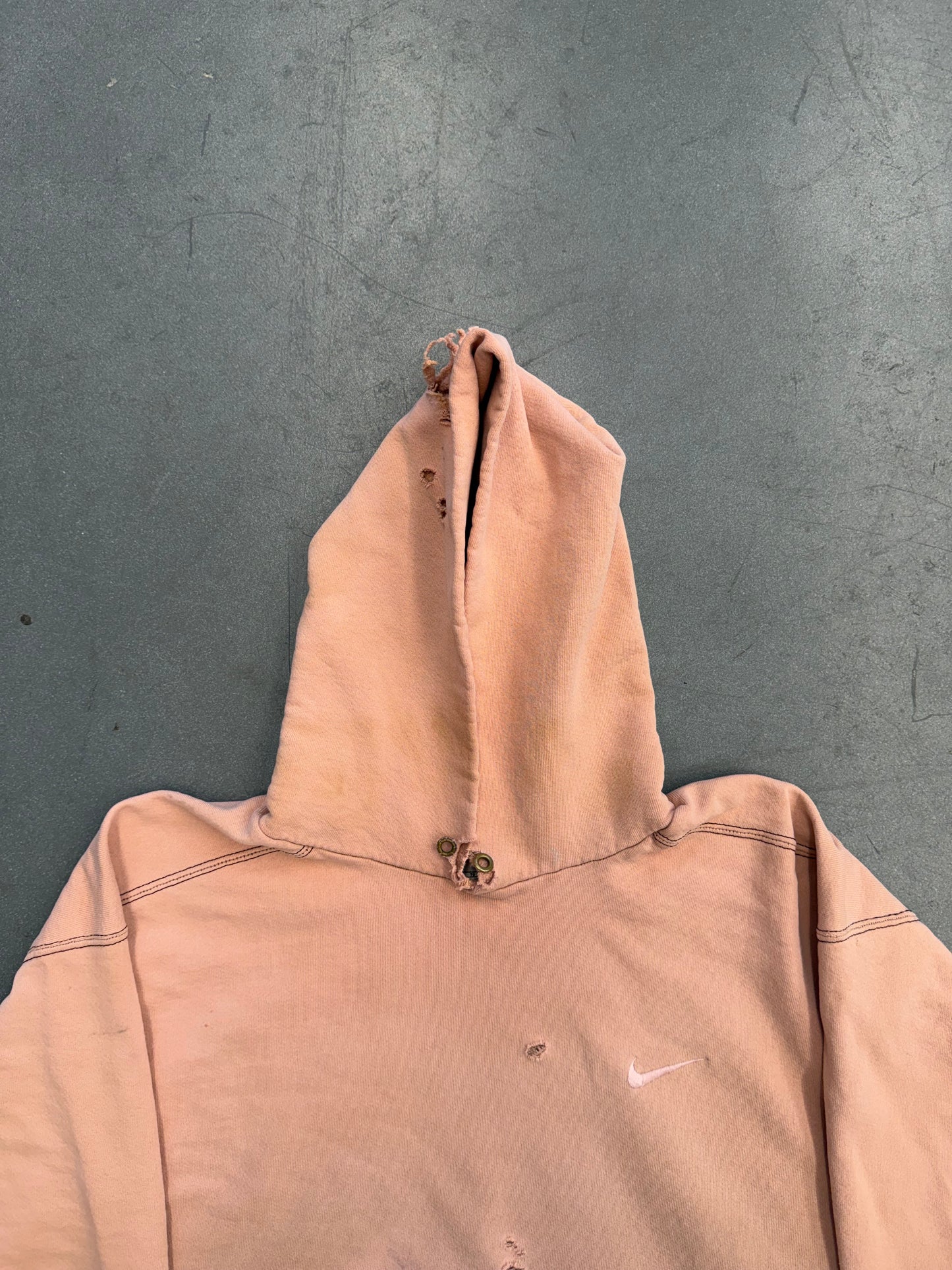 90S NIKE SIDE SWOOSH PULLOVER HOODIE DISTRESSED AND SAFETY-PINNED (NIKE RED SWOOSH TAG)